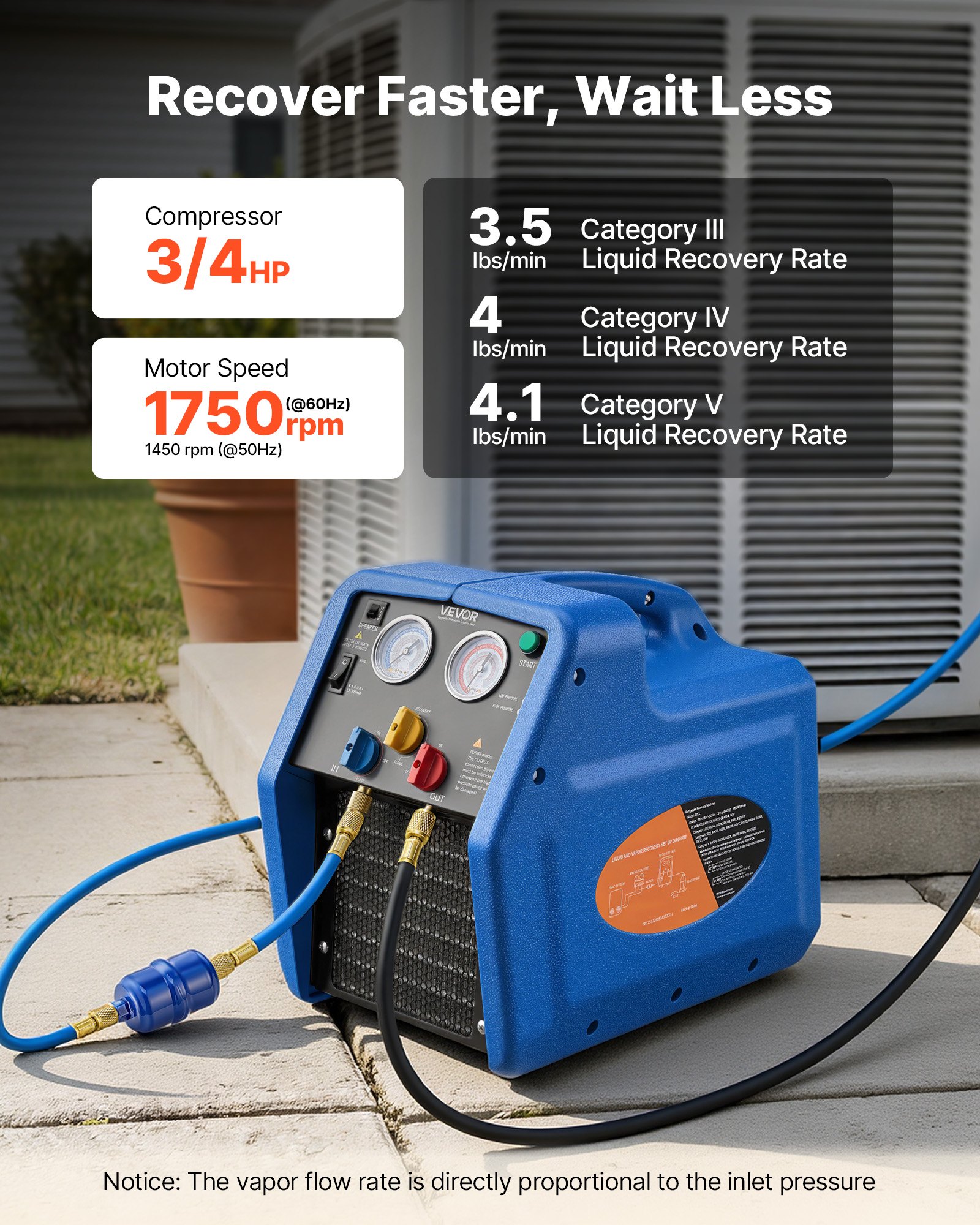 VEVOR Máquina de Recuperación de Refrigerante Portátil, 3/4 HP 220V 50Hz, Recuperadora de Refrigerante de un Cilindro, Motor de 1450 RPM, con Protección Automática, para Vapor Líquido de HVAC Autos