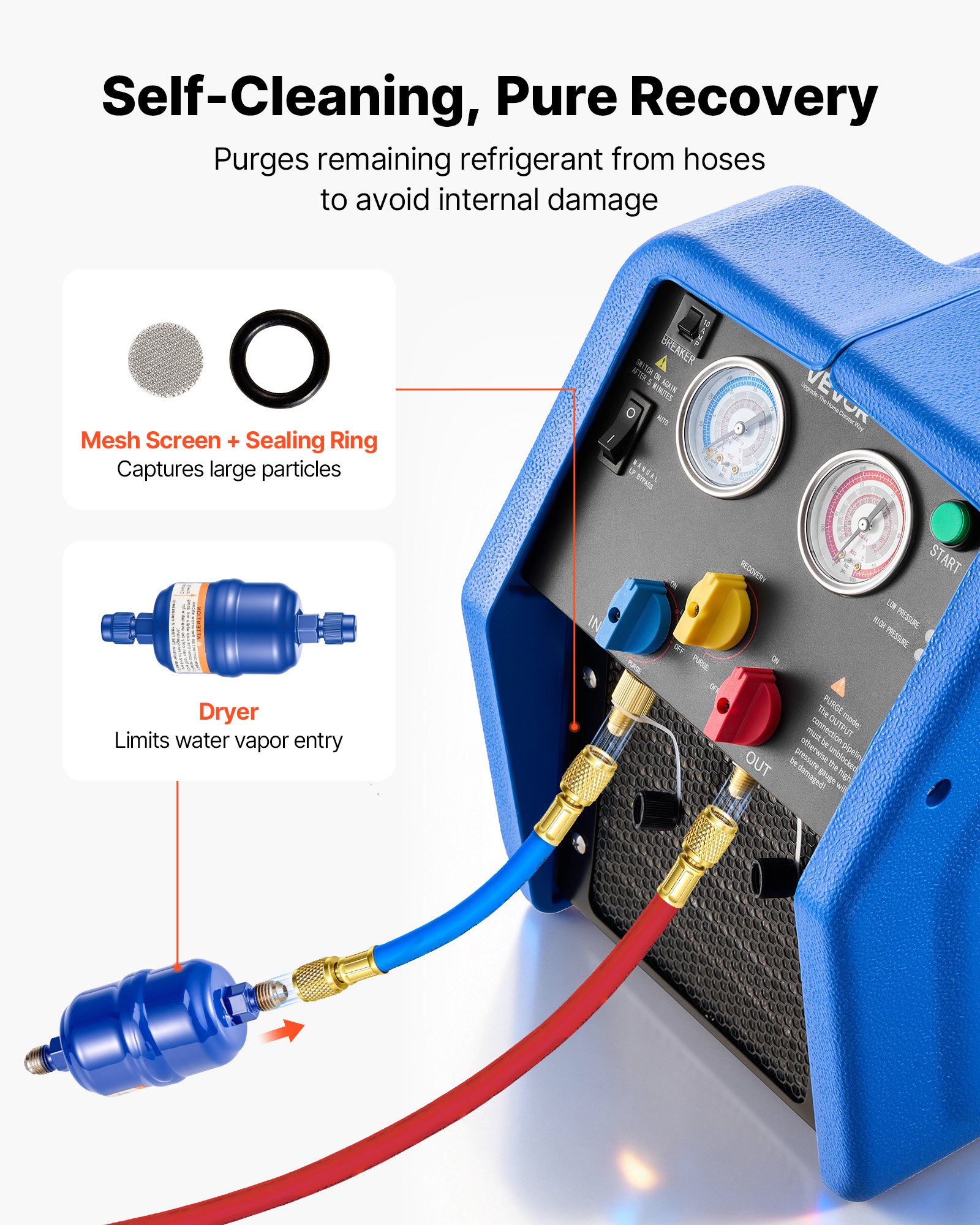 VEVOR Máquina de Recuperación de Refrigerante Portátil, 3/4 HP 220V 50Hz, Recuperadora de Refrigerante de un Cilindro, Motor de 1450 RPM, con Protección Automática, para Vapor Líquido de HVAC Autos