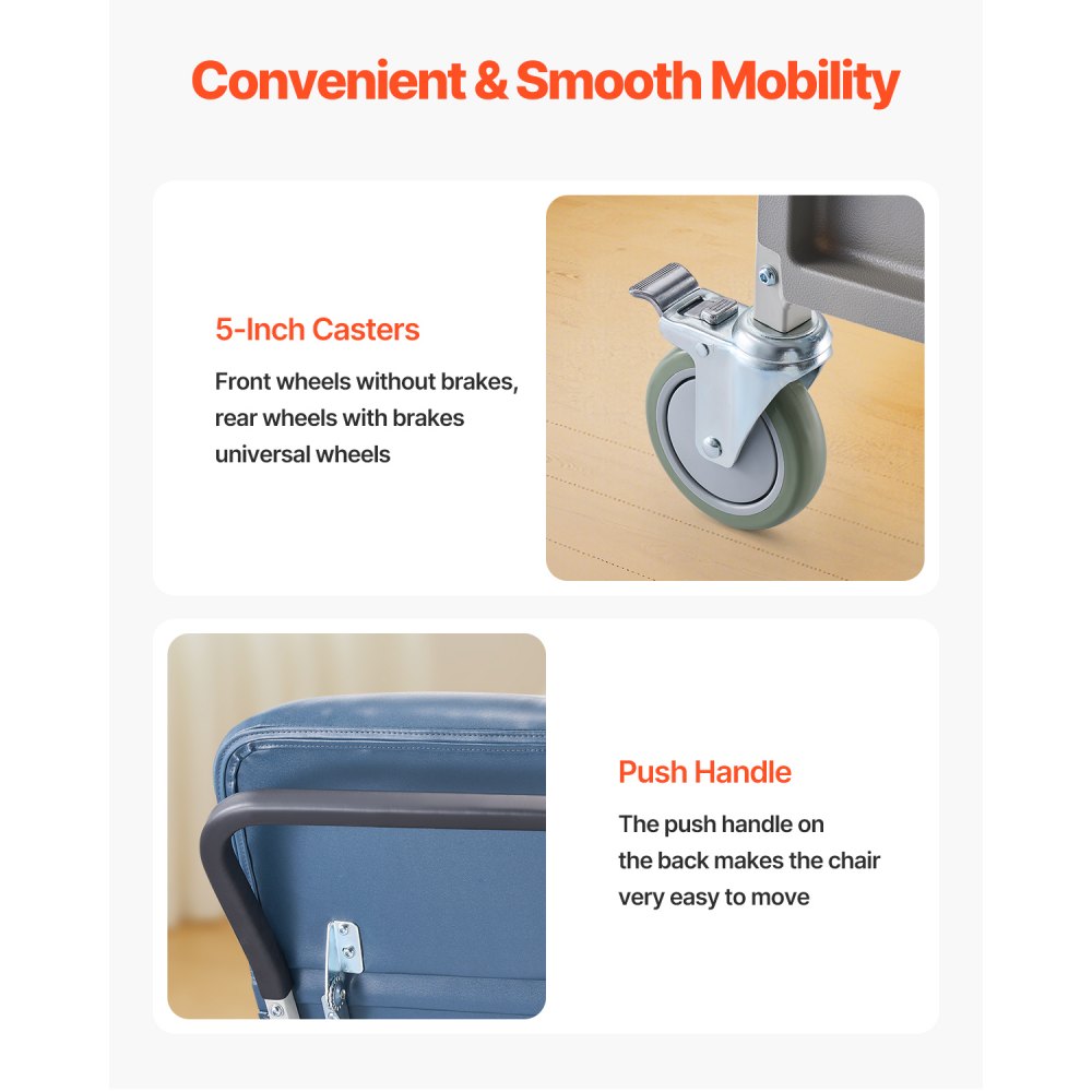 VEVOR Medical Reclining Chair, with 3 reclining positions, geriatric chair with 4 wheels, soft padded seat & removable tray, ideal for hospitals, nursing homes & home care