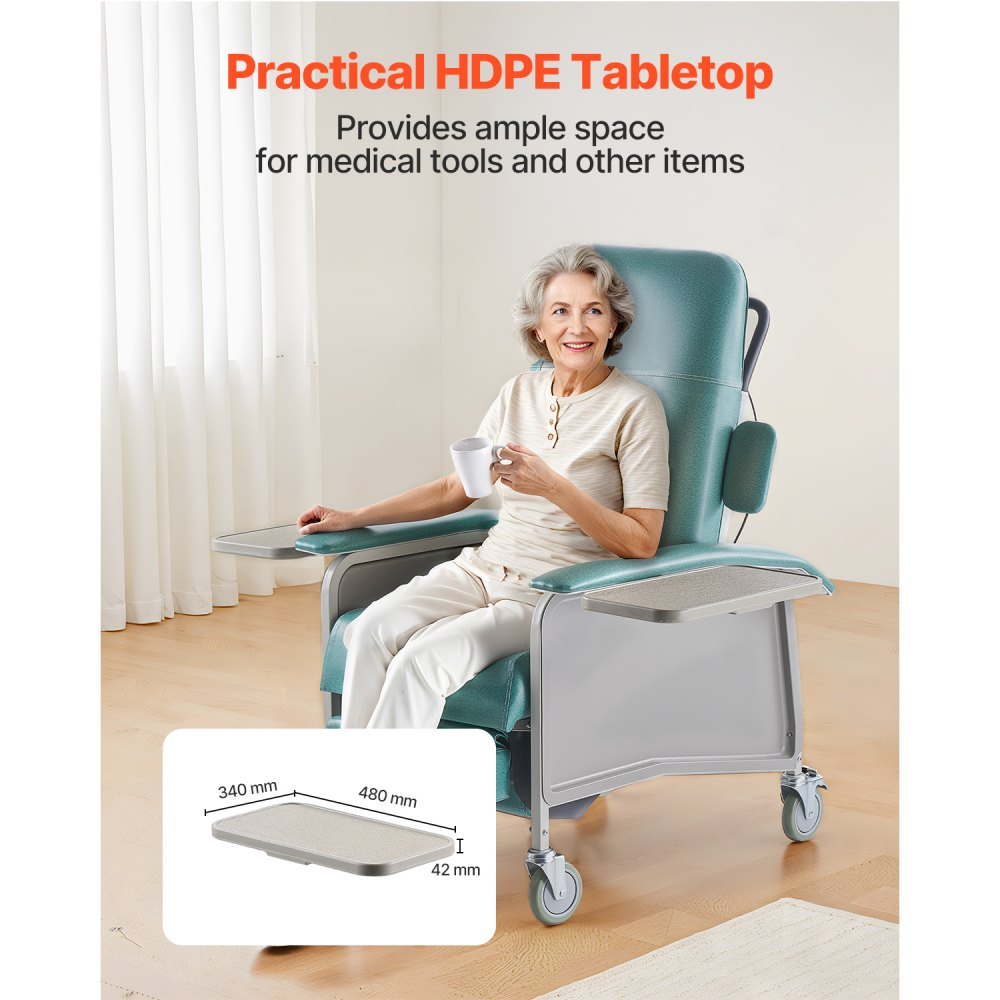 VEVOR Medical Reclining Chair, Geriatric Chair with 4 Positions, Patient Chair with 4 Wheels, Soft Padded Seat and 2 Trays for Hospital, Nursing Home, Geriatric Home Care