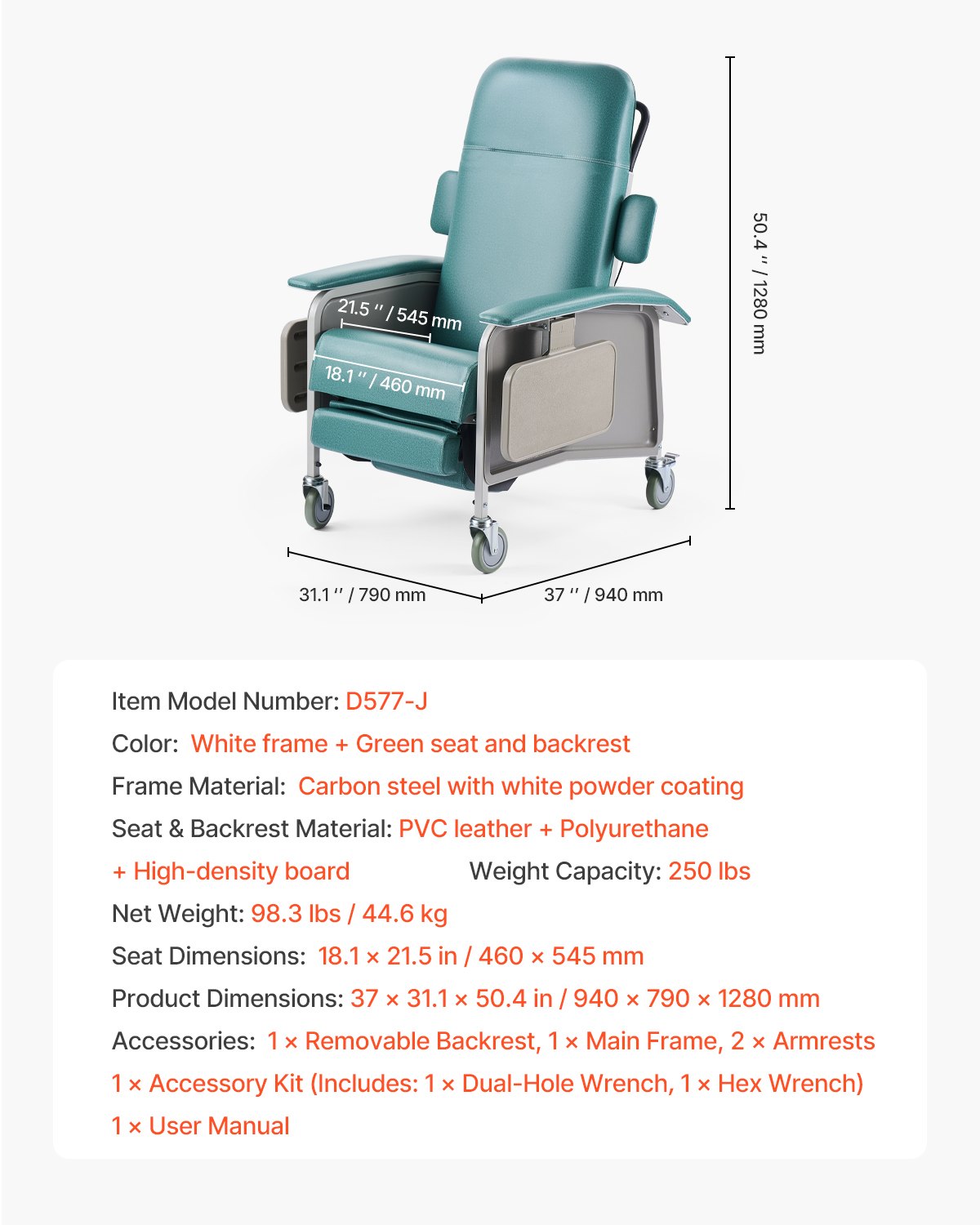 VEVOR Medical Reclining Chair, Geriatric Chair with 4 Positions, Patient Chair with 4 Wheels, Soft Padded Seat and 2 Trays for Hospital, Nursing Home, Geriatric Home Care