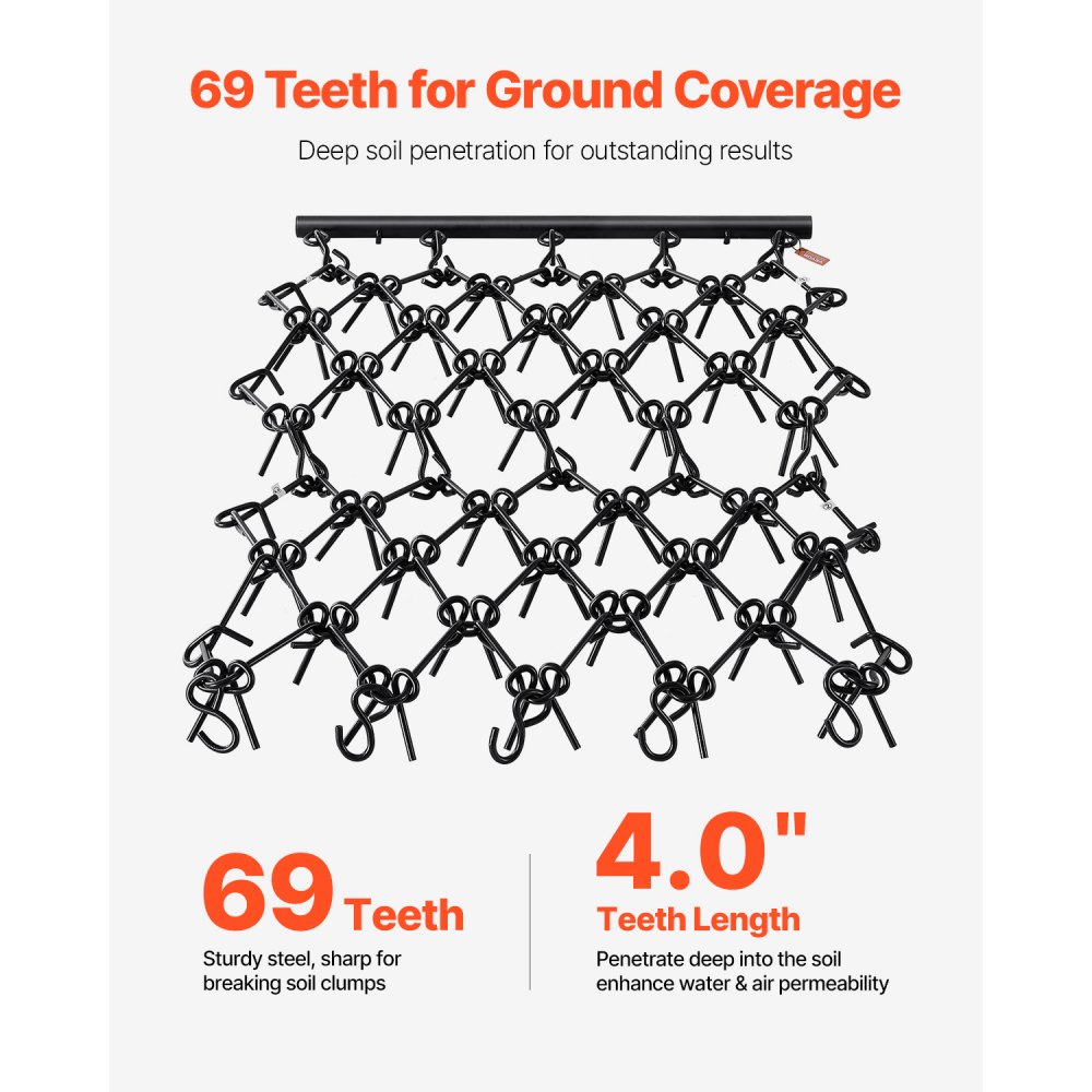 VEVOR Grada de Arrastre Duradera 225x114 cm con 69 Dientes Afilados para Tractores ATV UTV Ideal para Preparación de Suelos, Siembra, Alisado de Paisajes, Mantenimiento de Caminos de Grava de Patios