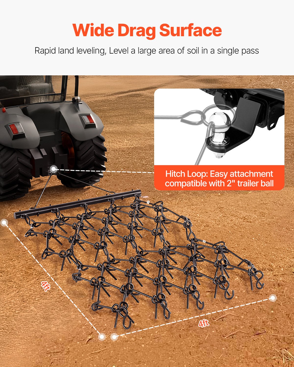 VEVOR Grada de Arrastre Duradera 225x114 cm con 69 Dientes Afilados para Tractores ATV UTV Ideal para Preparación de Suelos, Siembra, Alisado de Paisajes, Mantenimiento de Caminos de Grava de Patios