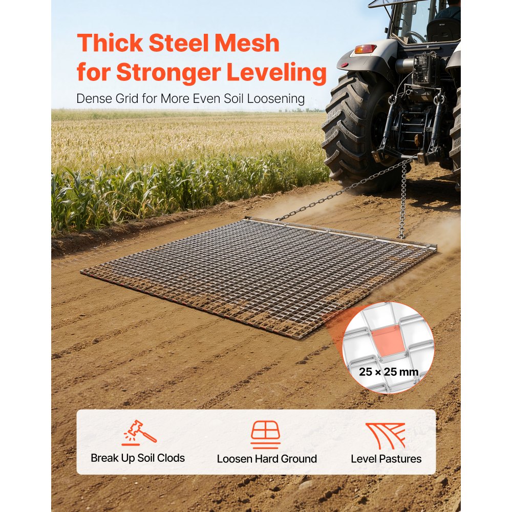 VEVOR Grada de Arrastre 1220 x 1220 mm, Rastrillo de Arrastre de Acero, Grada Niveladora de Terreno para Vehículos Todoterreno, UTV y Tractores, Ideal para Caminos de Grava, Nivelación de Campos