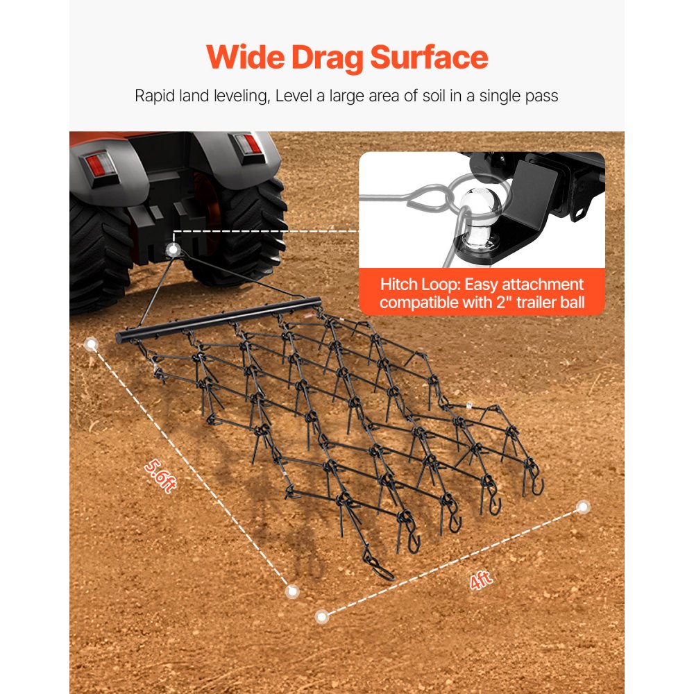 VEVOR Grada de Arrastre Duradera 171x122 cm con 80 Dientes Afilados para Tractores ATV UTV Ideal para Preparación de Suelos, Siembra, Alisado de Paisajes, Mantenimiento de Caminos de Grava de Patios