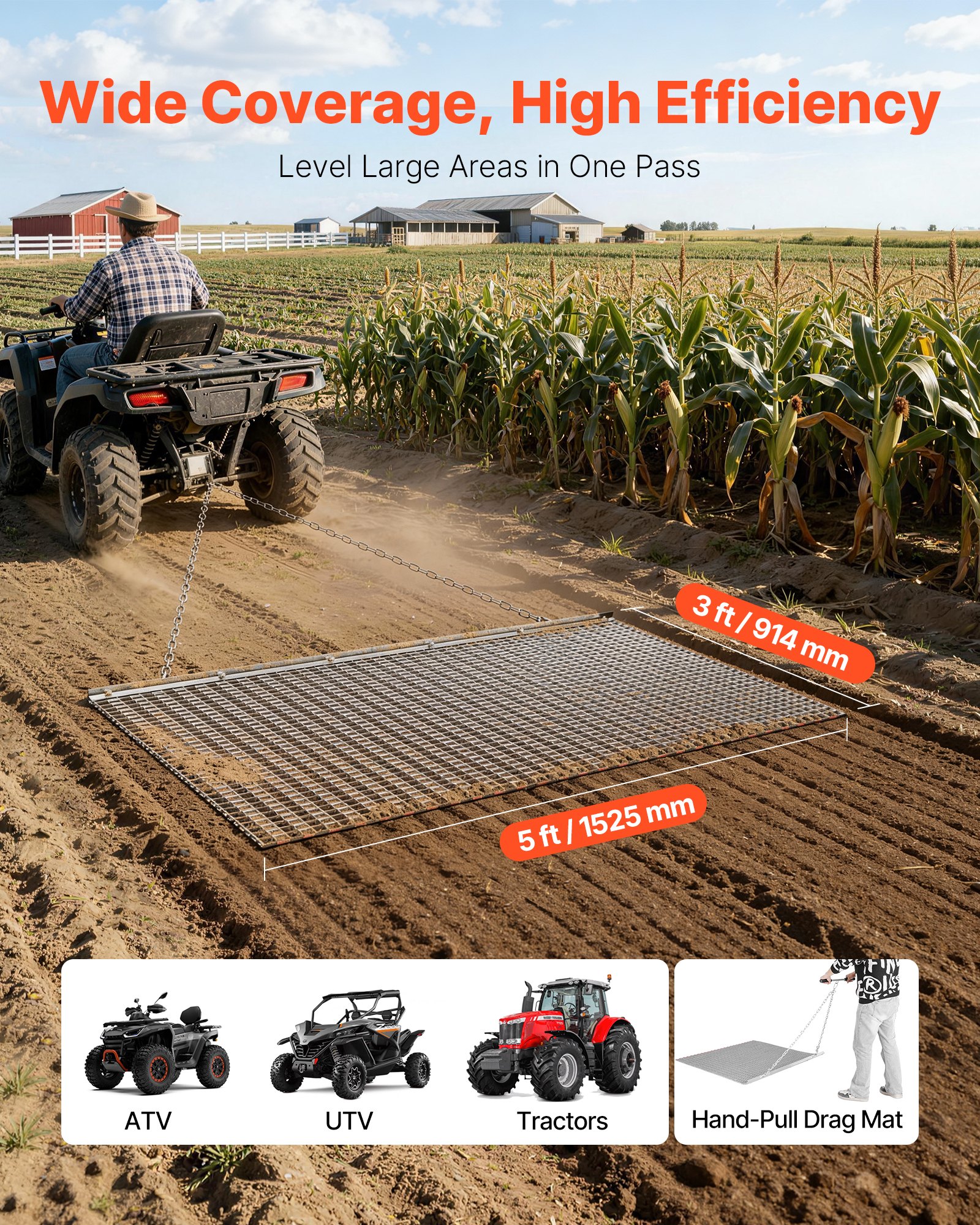 VEVOR Grada de Arrastre 1525 x 914 mm, Rastrillo de Arrastre de Acero, Grada Niveladora de Terreno para Vehículos Todoterreno, UTV y Tractores, Ideal para Caminos de Grava, Nivelación de Campos