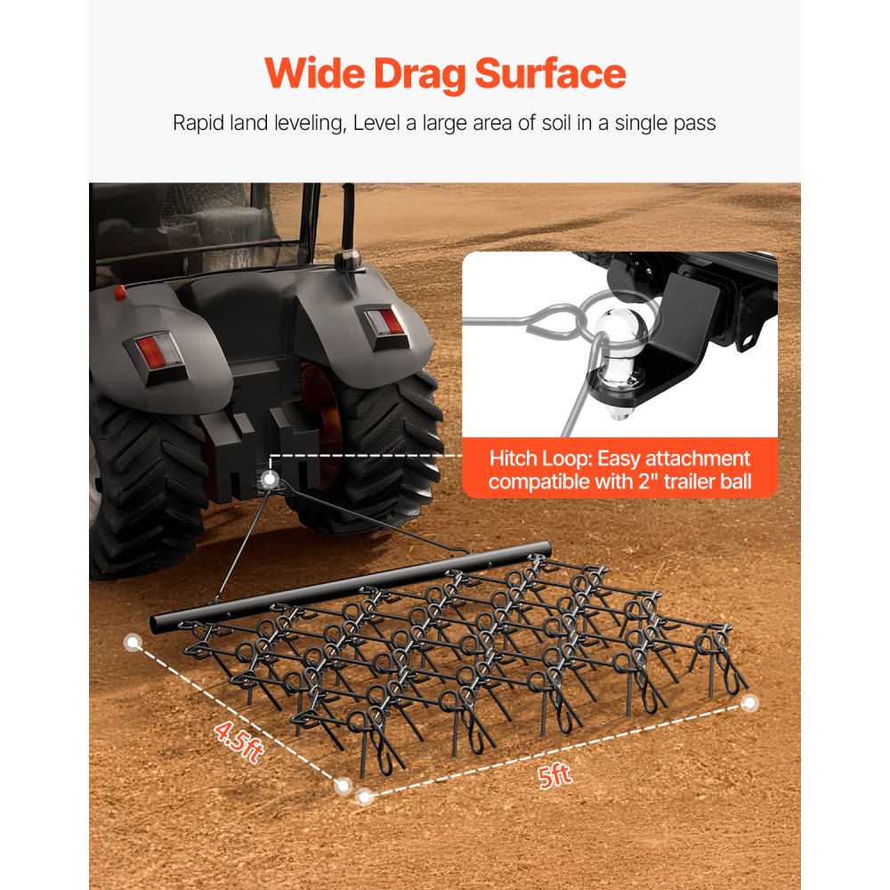 VEVOR Meadow Harrow, 178x147x11cm, meadow harrow with 60 teeth, suitable for ATV & UTV tractors, for soil preparation, sowing, smoothing landscapes & maintaining gravel driveways