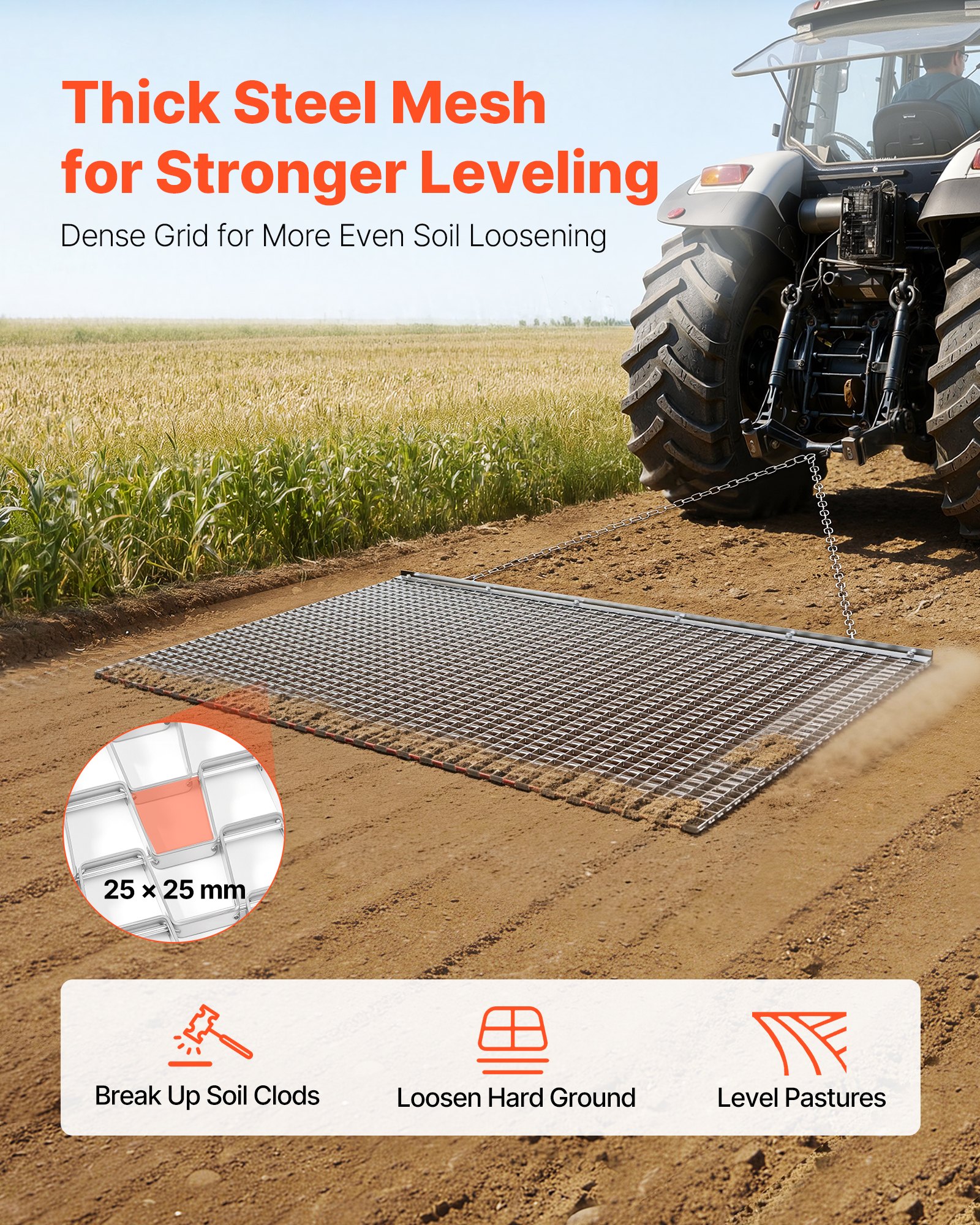 VEVOR Grada de Arrastre 1830 x 914 mm, Rastrillo de Arrastre de Acero, Grada Niveladora de Terreno para Vehículos Todoterreno, UTV y Tractores, Ideal para Caminos de Grava, Nivelación de Campos