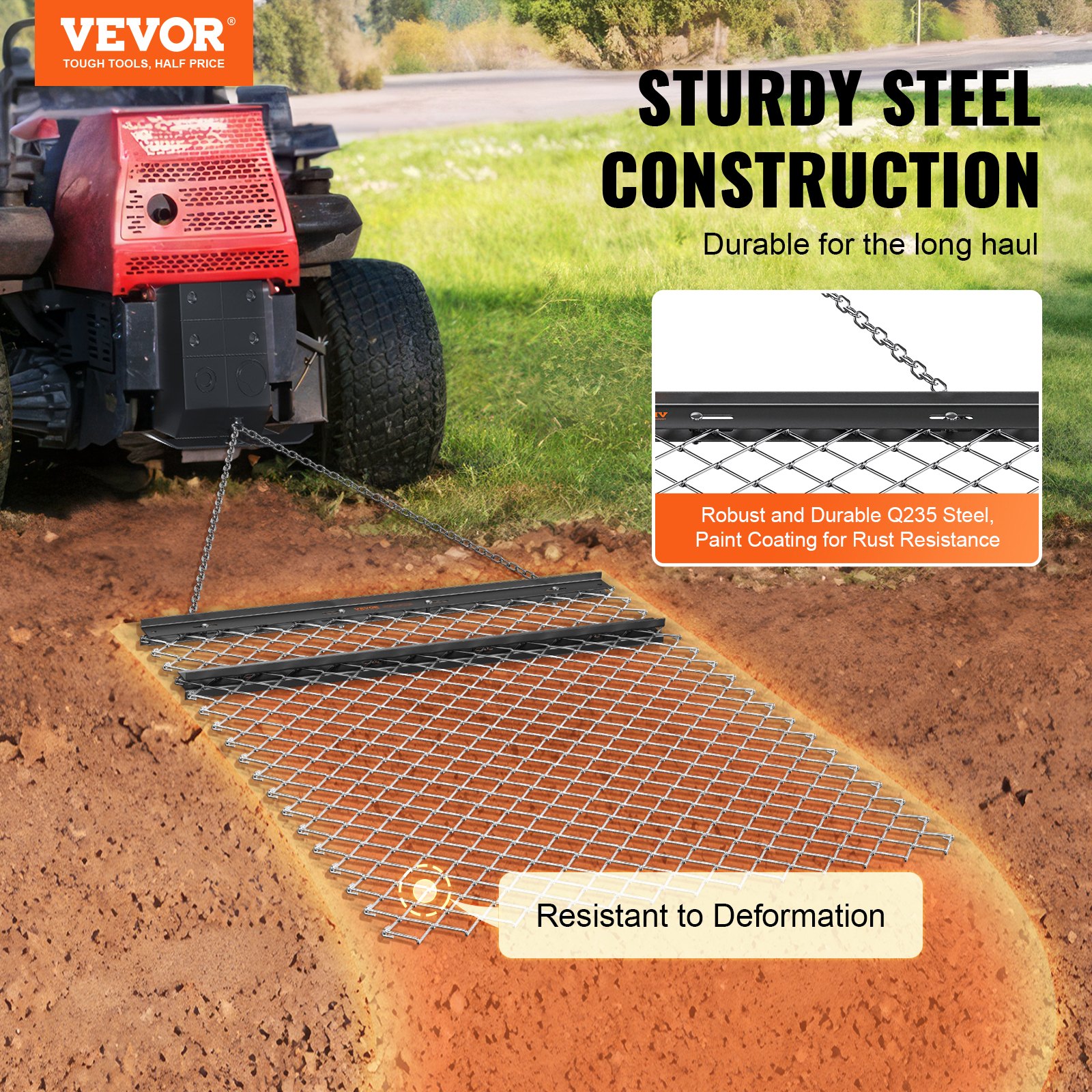VEVOR Grada de Cadena Arrastrada 1550x1235mm Nivelador de Entrada Acero Q235 Correa de Arrastre Nivelación de Paisaje, Preparación de Césped, Remolcable para Tractor, ATV, UTV, Entrada de Grava, Campo