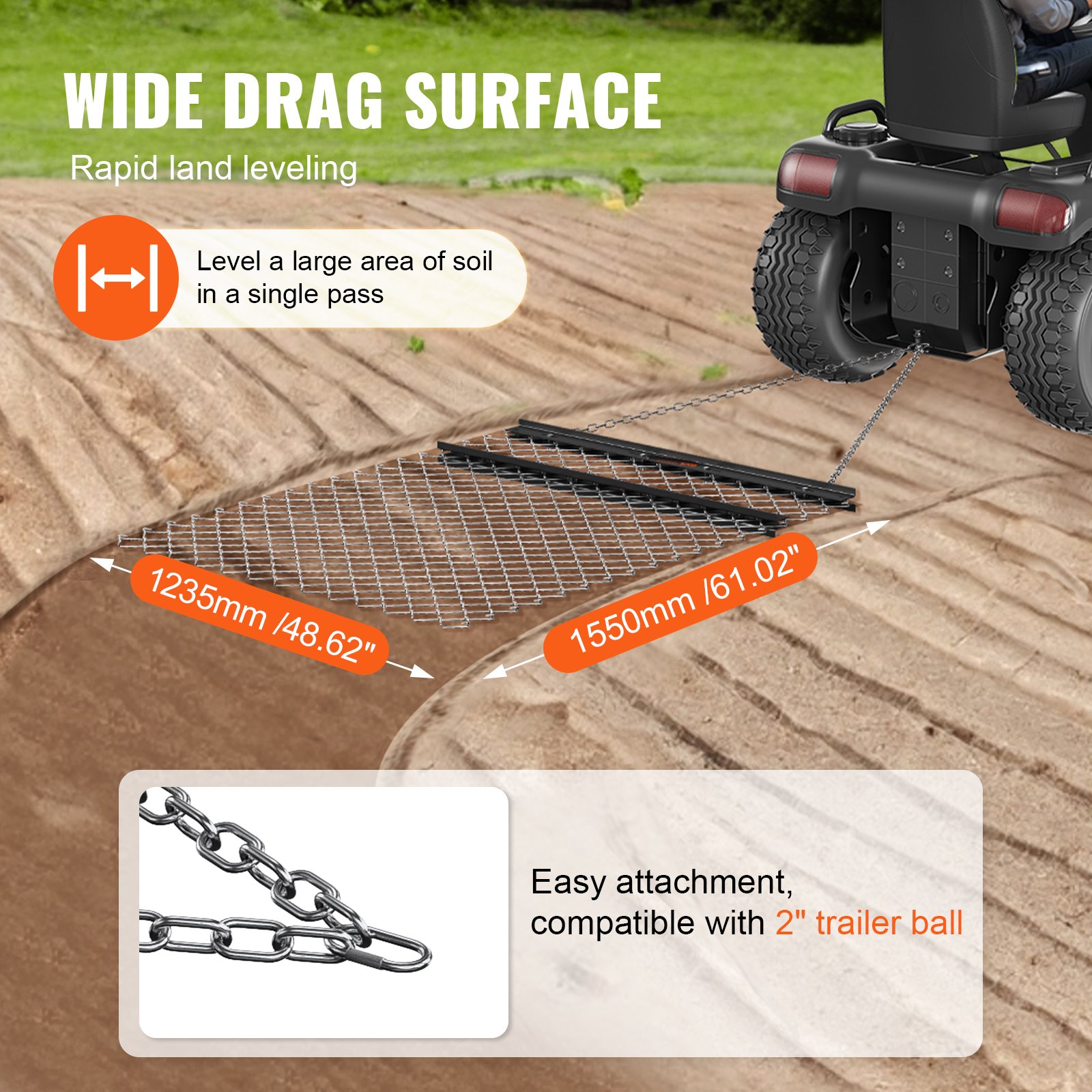 VEVOR Grada de Cadena Arrastrada 1550x1235mm Nivelador de Entrada Acero Q235 Correa de Arrastre Nivelación de Paisaje, Preparación de Césped, Remolcable para Tractor, ATV, UTV, Entrada de Grava, Campo