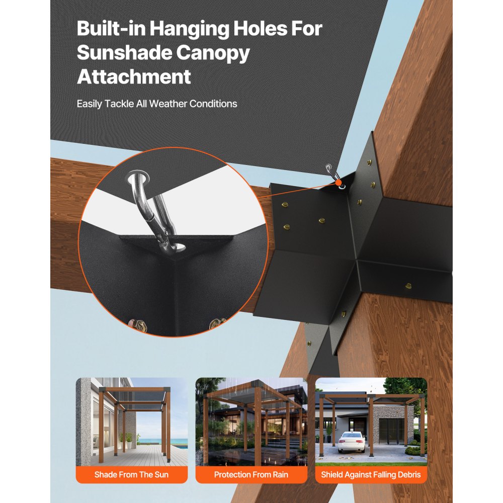 VEVOR Kit de Soportes para Pérgola de 10 x 10 cm para Vigas de Madera de 92 x 92 mm en Dimensiones Reales, de 3 Vías 4 uds y 4 Vías 2 uds con Bases de 6 Postes, para Pérgolas, Cenadores, Negro