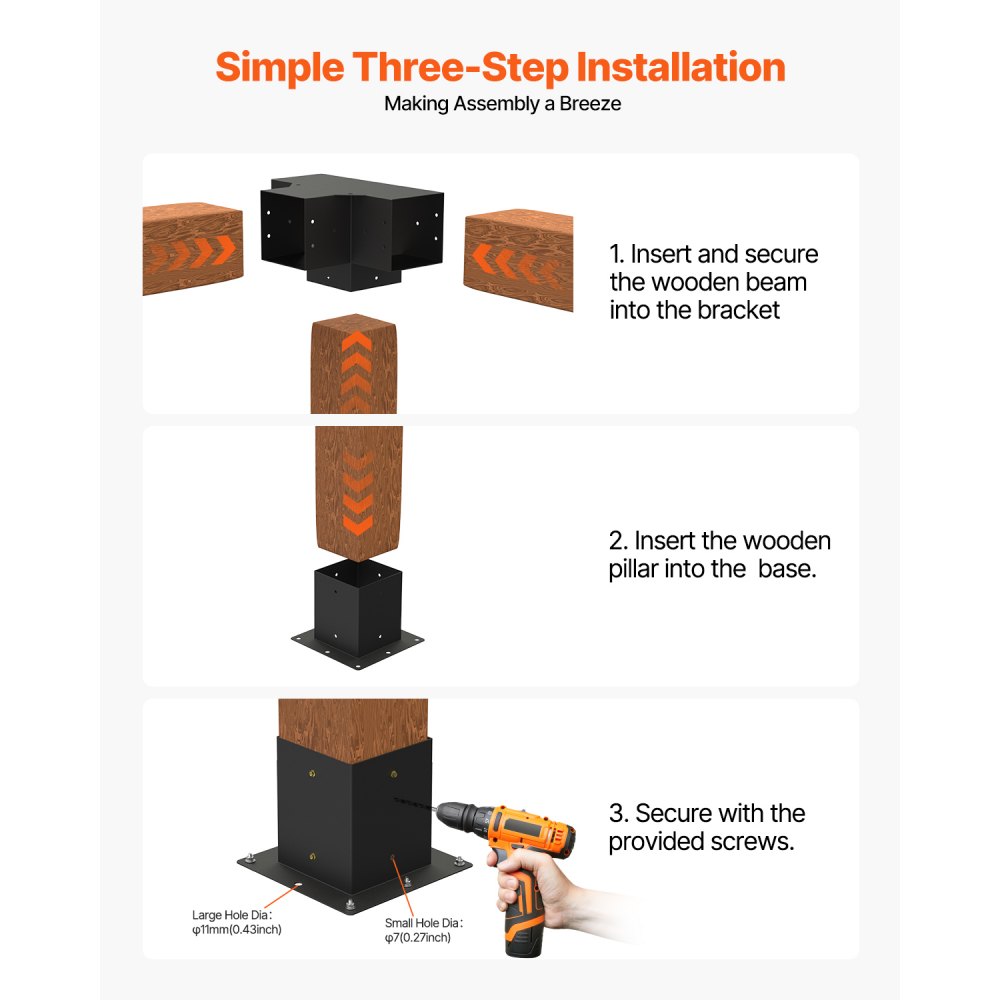 VEVOR Kit de Soportes para Pérgola de 10 x 10 cm para Vigas de Madera de 92 x 92 mm en Dimensiones Reales, de 3 Vías 4 uds y 4 Vías 2 uds con Bases de 6 Postes, para Pérgolas, Cenadores, Negro