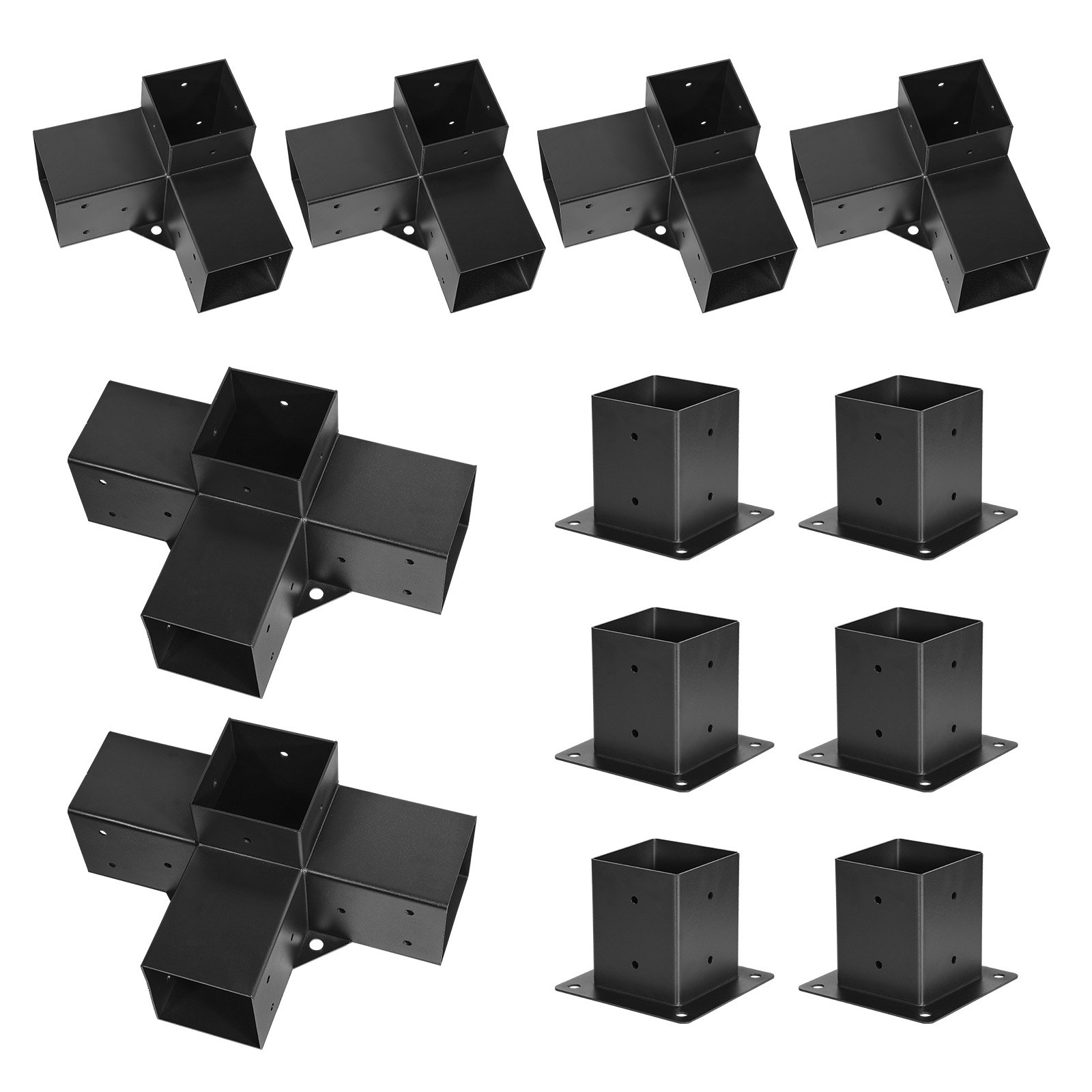 VEVOR Kit de Soportes para Pérgola de 10 x 10 cm para Vigas de Madera de 92 x 92 mm en Dimensiones Reales, de 3 Vías 4 uds y 4 Vías 2 uds con Bases de 6 Postes, para Pérgolas, Cenadores, Negro