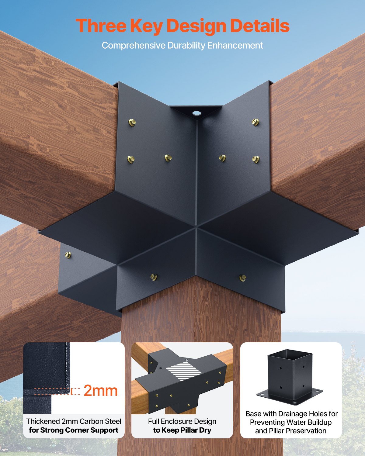 VEVOR Pergola Kit, 4x4 Inch Pergola Brackets for 92 x 92 mm Wood Beams in Actual Dimension, 3-Way (4 Pcs) and 4-Way (2 Pcs) Gazebo Brackets with 6 Post Bases, for Outdoor Pergolas, Gazebos, Sheds