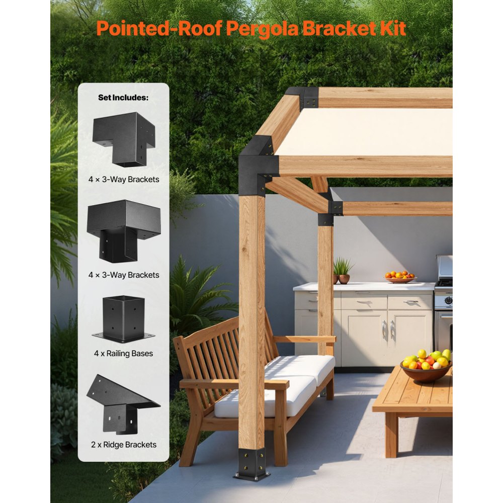 VEVOR Kit de Soportes para Pérgola de 10 x 10 cm para Techo Puntiagudo de Madera de 92 x 92 mm en Tamaño Real, de 3 o 4 Vías con Bases para Postes y Pérgolas y Cobertizos de Exterior, 14 Piezas
