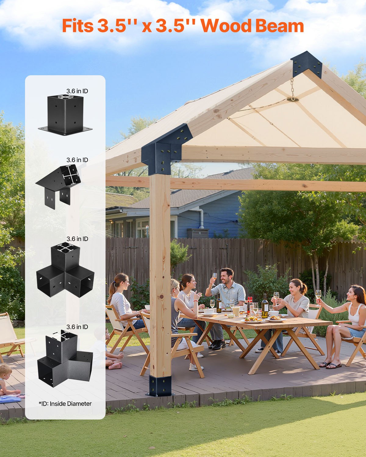 VEVOR Kit de Soportes para Pérgola de 10 x 10 cm para Techo Puntiagudo de Madera de 92 x 92 mm en Tamaño Real, de 3 o 4 Vías con Bases para Postes y Pérgolas y Cobertizos de Exterior, 14 Piezas