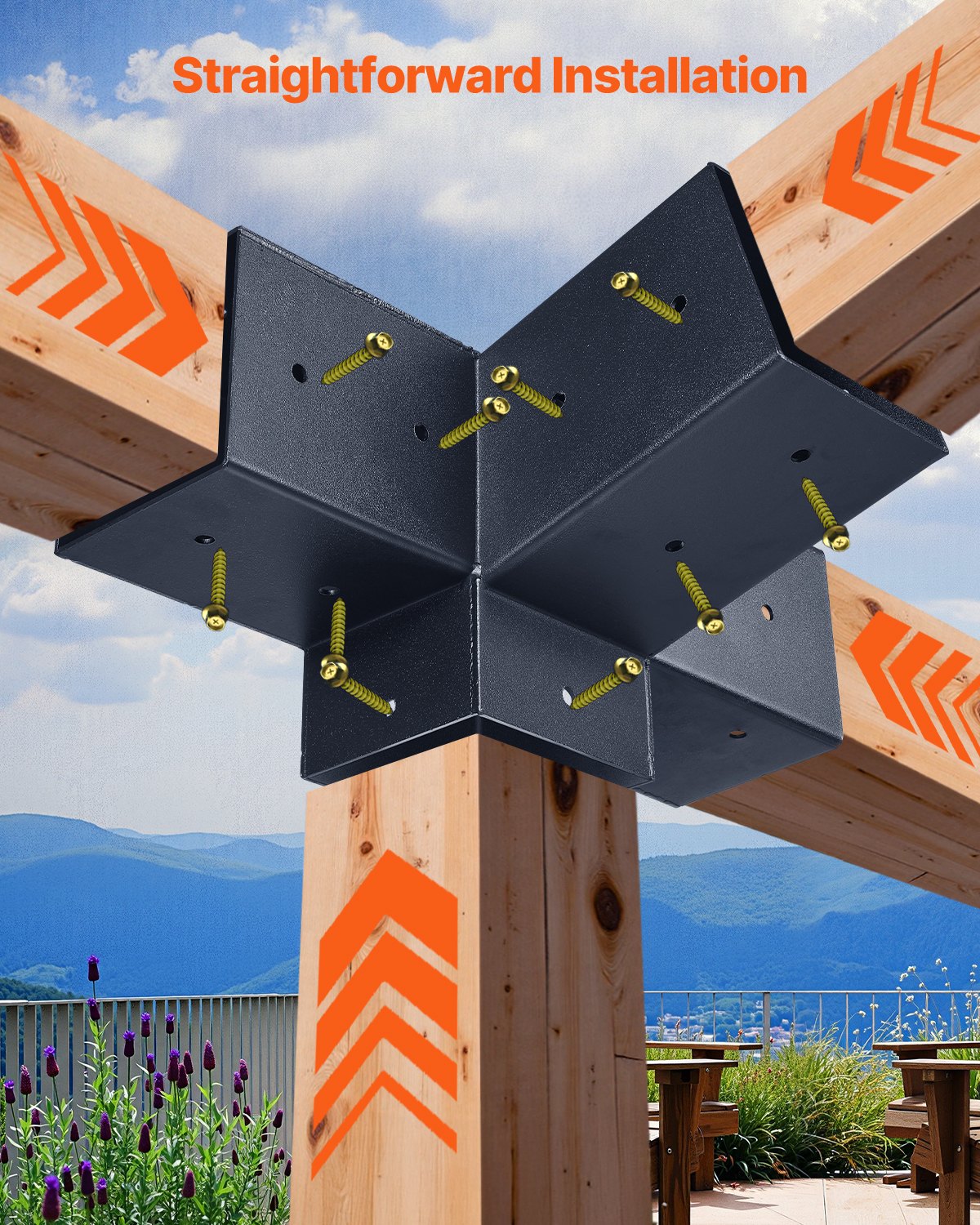 VEVOR Pergola Kit, 4x4 Inch 4-Way Slanted Bracket for 92 x 92 mm Wood Beams in Actual Size, Carbon Steel Pergola Bracket with Post Base and Wall Mount Base, for Outdoor Pergolas, Gazebos, Sheds