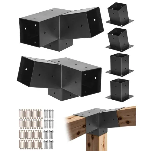 VEVOR Kit de Soportes Inclinados para Pérgola de 3 Vías 10 x 10 cm para Vigas de Madera 92 x 92 mm en Tamaño Real, con 2 Bases para Postes y 2 Bases de Montaje en Pared, para Pérgolas, Cenadores