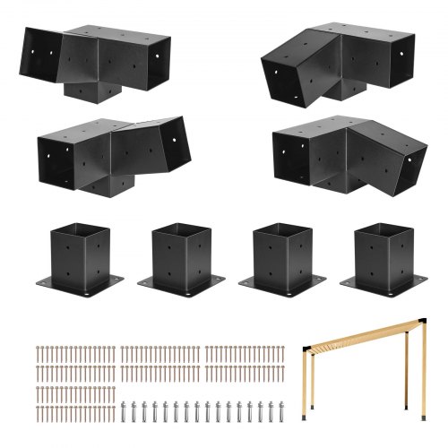VEVOR Kit de Soporte Inclinado a Pérgola 3 Vías 10 x 10 cm para Vigas de Madera 92 x 92 mm en Tamaño Real, Acero al Carbono, con Tornillos y Bases para Postes, para Cenadores y Cobertizos, 8 uds