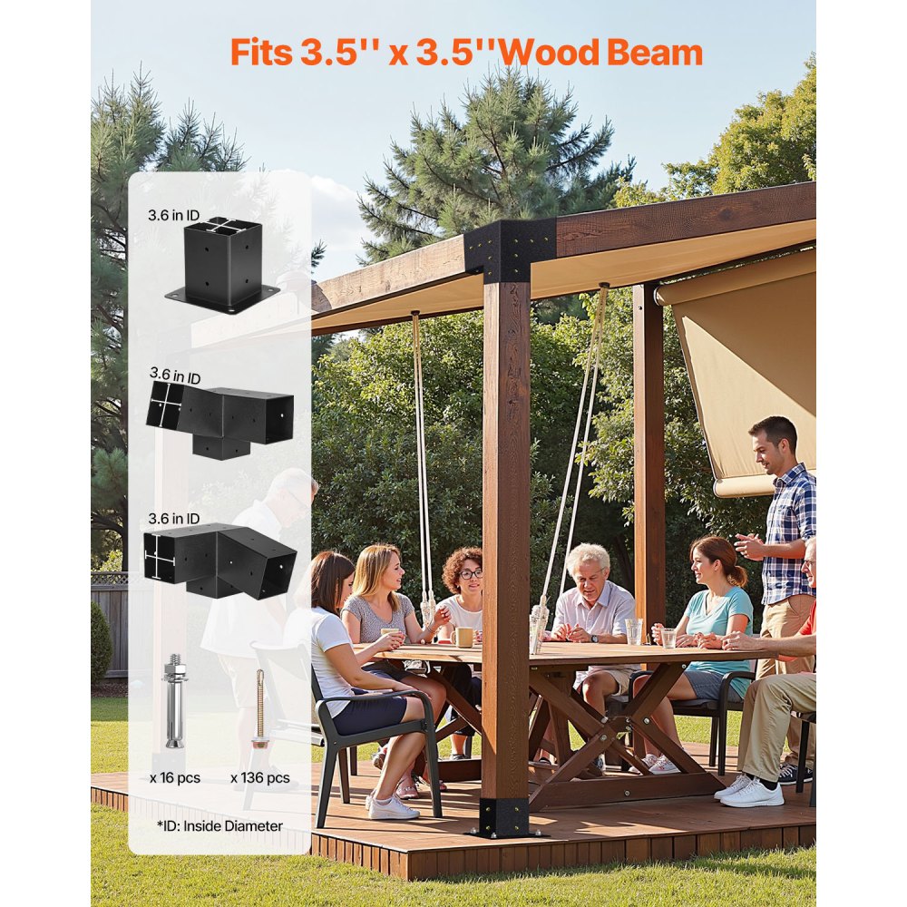 VEVOR Kit de Soporte Inclinado a Pérgola 3 Vías 10 x 10 cm para Vigas de Madera 92 x 92 mm en Tamaño Real, Acero al Carbono, con Tornillos y Bases para Postes, para Cenadores y Cobertizos, 8 uds