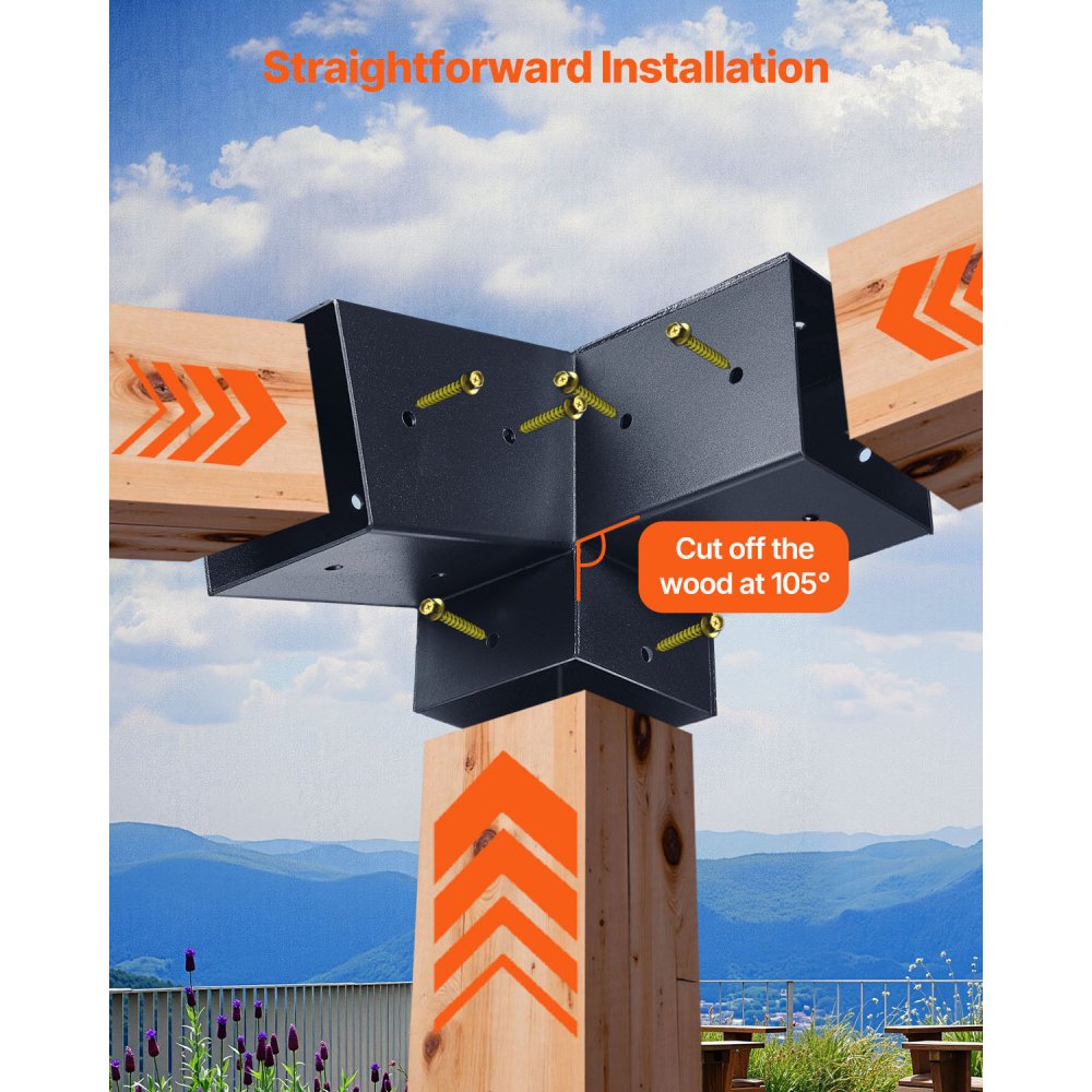 VEVOR Kit de Soporte Inclinado a Pérgola 3 Vías 10 x 10 cm para Vigas de Madera 92 x 92 mm en Tamaño Real, Acero al Carbono, con Tornillos y Bases para Postes, para Cenadores y Cobertizos, 8 uds