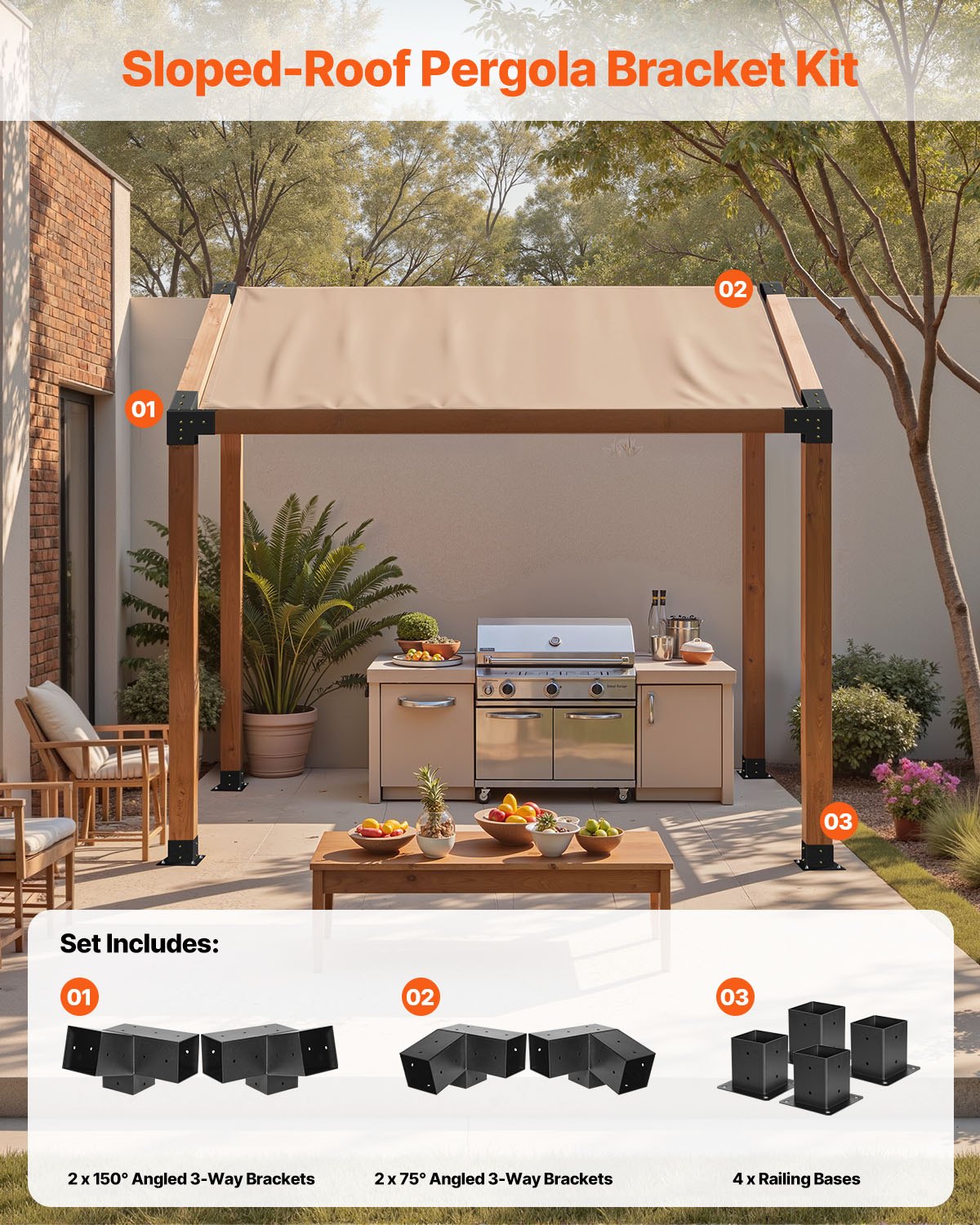 VEVOR Kit de Soporte Inclinado a Pérgola 3 Vías 10 x 10 cm para Vigas de Madera 92 x 92 mm en Tamaño Real, Acero al Carbono, con Tornillos y Bases para Postes, para Cenadores y Cobertizos, 8 uds