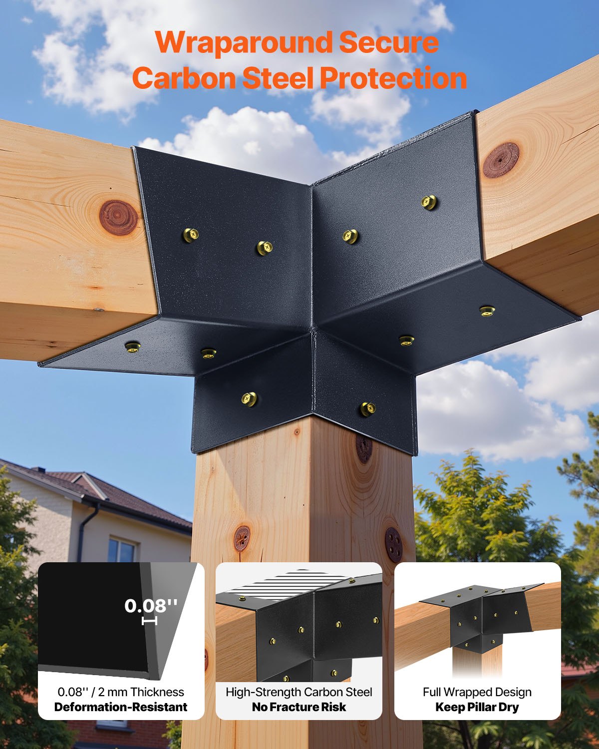 VEVOR Kit de Soporte Inclinado a Pérgola 3 Vías 10 x 10 cm para Vigas de Madera 92 x 92 mm en Tamaño Real, Acero al Carbono, con Tornillos y Bases para Postes, para Cenadores y Cobertizos, 8 uds