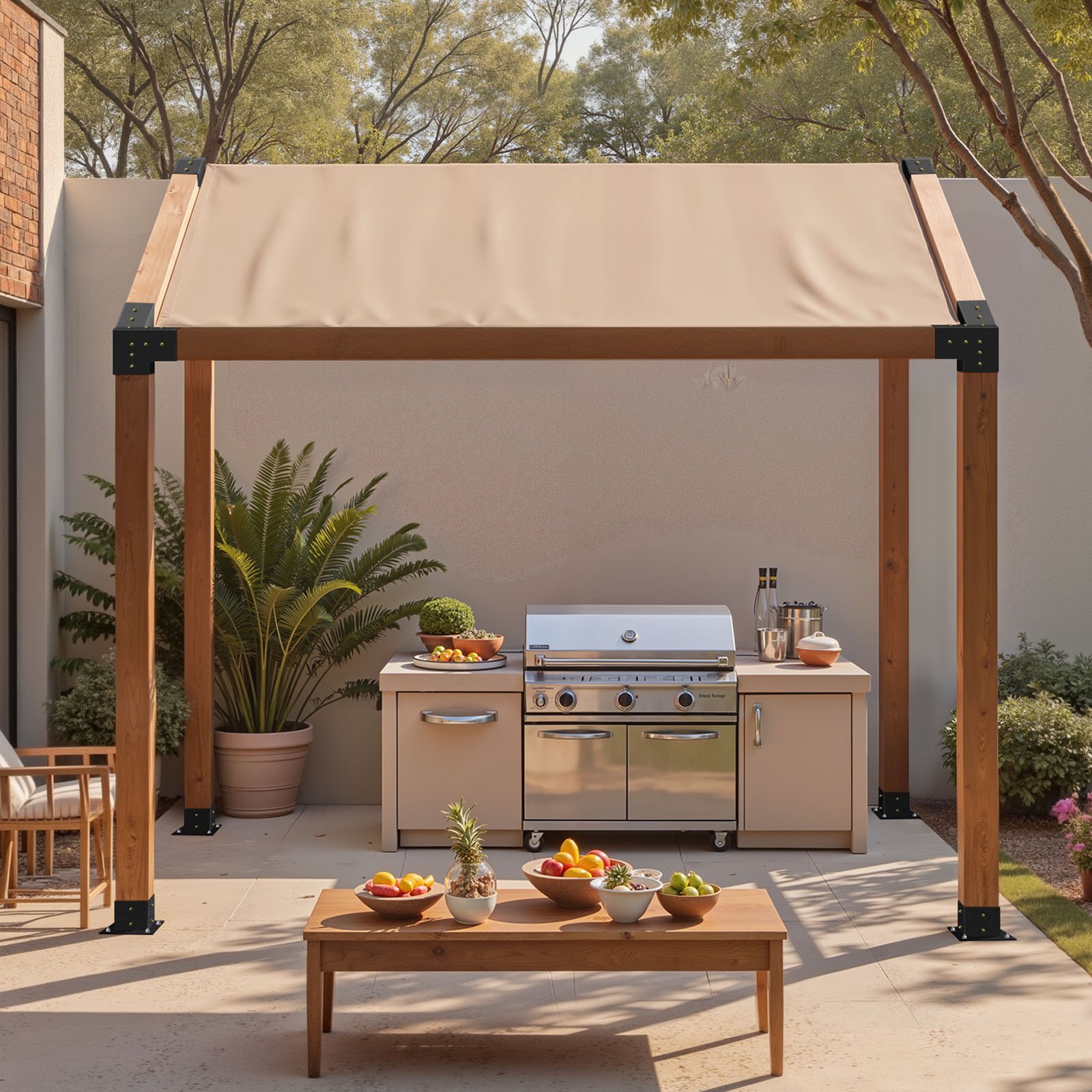 VEVOR Kit de Soporte Inclinado a Pérgola 3 Vías 10 x 10 cm para Vigas de Madera 92 x 92 mm en Tamaño Real, Acero al Carbono, con Tornillos y Bases para Postes, para Cenadores y Cobertizos, 8 uds