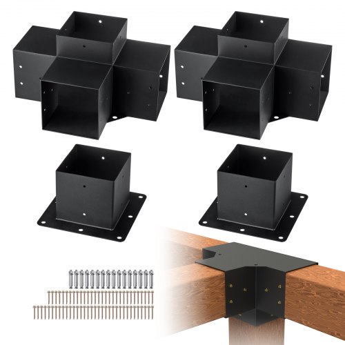VEVOR 4PCS Kit de Soporte de Pérgola 6"x6" (15x15 cm) Soporte para Postes de Maderas 2 Soportes de Esquina de 4 Vías y 2 Bases de Vigas Hardware de Bricolaje para Cenadores, Pérgolas de Patio, Cabañas