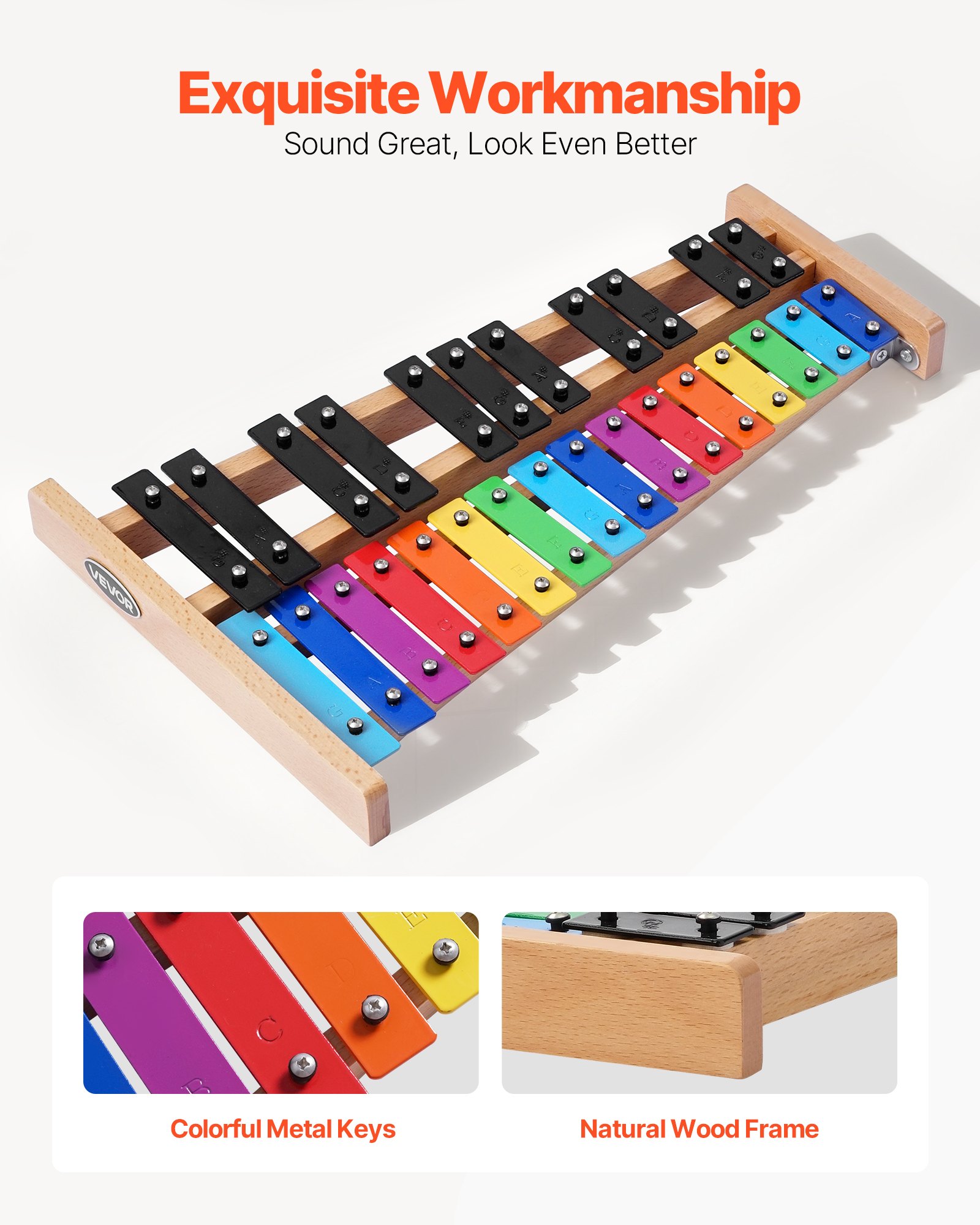 VEVOR Xilófono Glockenspiel de 27 Notas, Instrumento de Percusión Profesional con Teclas Metálicas de Colores, Incluye 4 Mazos y Bolsa de Transporte, para Principiantes, Rango de Sol 2 a La 5
