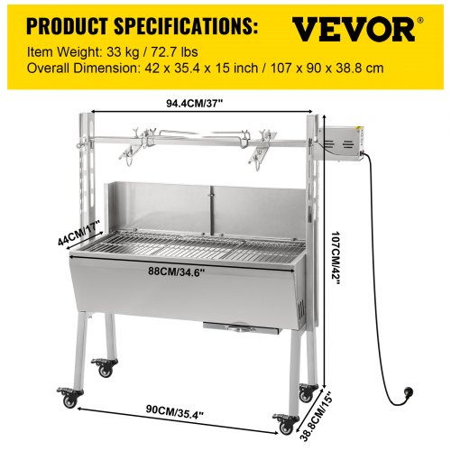 VEVOR Máquina de Asado de Asador de Carbón, 88 cm x 44 cm 25 W 4 RPM Máquina de Asado de Cordero de Carbón de Acero Inoxidable, Asador Barbacoa Parrilla al Carbón de 40 kg para Pícnic al Aire Libre