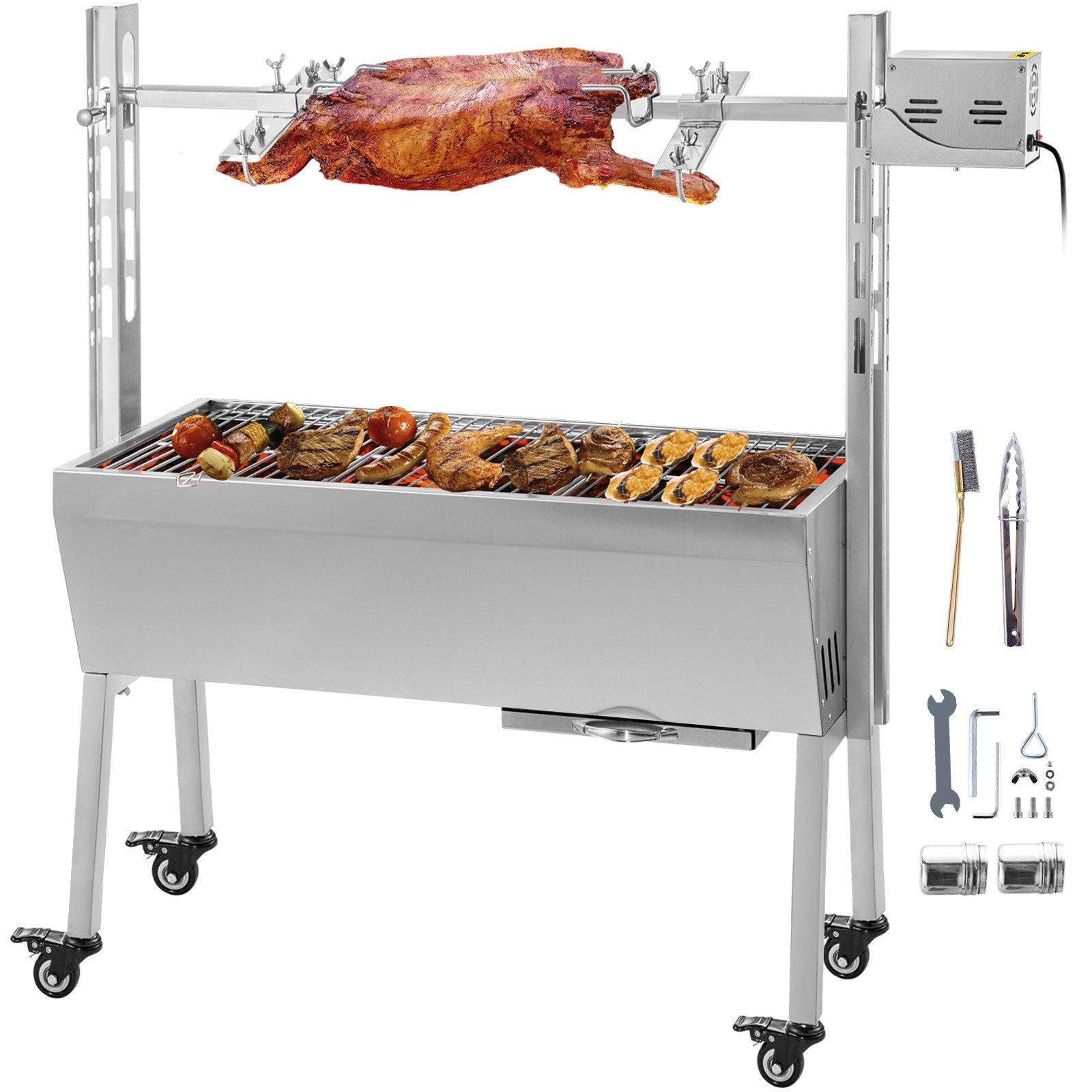 VEVOR Máquina de Asado de Asador de Carbón, 88 cm x 44 cm 25 W 4 RPM Máquina de Asado de Cordero de Carbón de Acero Inoxidable, Asador Barbacoa Parrilla al Carbón de 40 kg para Pícnic al Aire Libre
