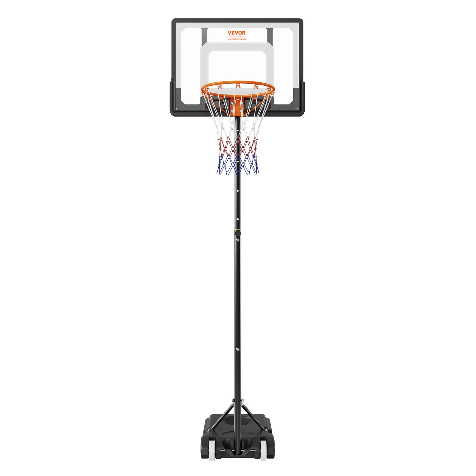 Aro de baloncesto VEVOR con altura ajustable, tablero duradero y base con ruedas para facilitar la movilidad.