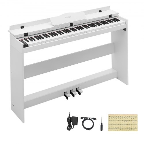 VEVOR Piano Digital 88 Teclas de Tamaño Completo Teclado Semipesado, 128 Tonos y Ritmos, Pantalla LED, con Pedal, Conector para Auriculares, USB/MIDI, Atril para Partituras, para Principiantes, Blanco