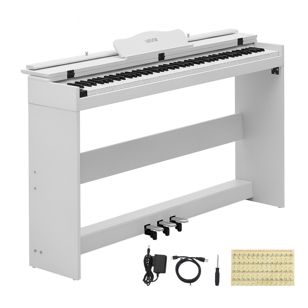VEVOR Piano Digital 88 Teclas de Tamaño Completo Teclado Semipesado, 128 Tonos y Ritmos, Pantalla LED, con Pedal, Conector para Auriculares, USB/MIDI, Atril para Partituras, para Principiantes, Blanco