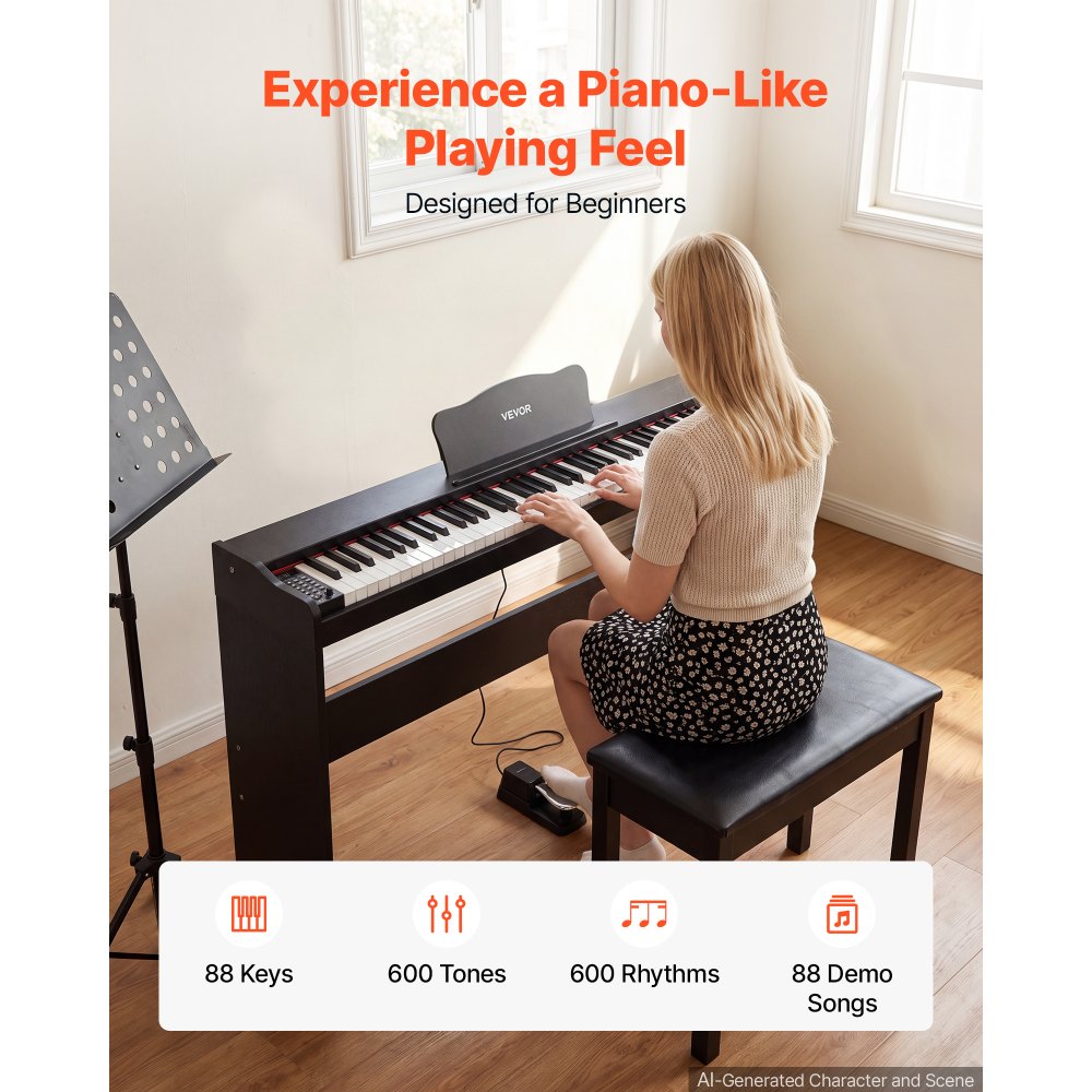 VEVOR Piano Digital 88 Teclas de Tamaño Completo Teclado Semipesado, 600 Tonos y Ritmos, Pantalla LED, con Pedal, Conector para Auriculares, USB/MIDI, Atril para Partituras, para Principiantes, Negro