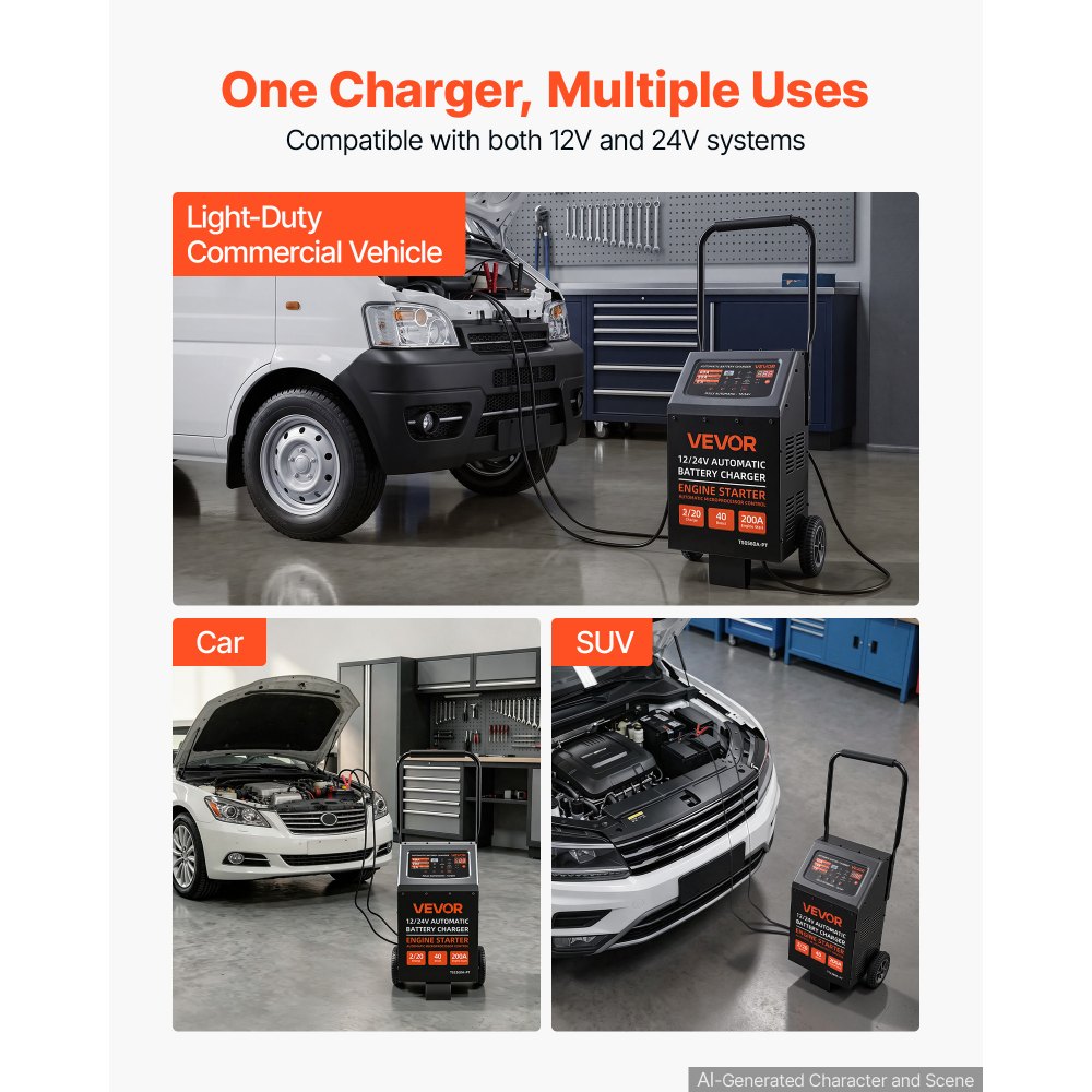 VEVOR Cargador de Baterías para Coche, 12/24 V 200/100 A, Cargador Móvil, Carga Automática de 9 Etapas, para Baterías de Plomo-ácido y Litio, para Automóviles, SUV, Vehículos Ligeros y Furgonetas