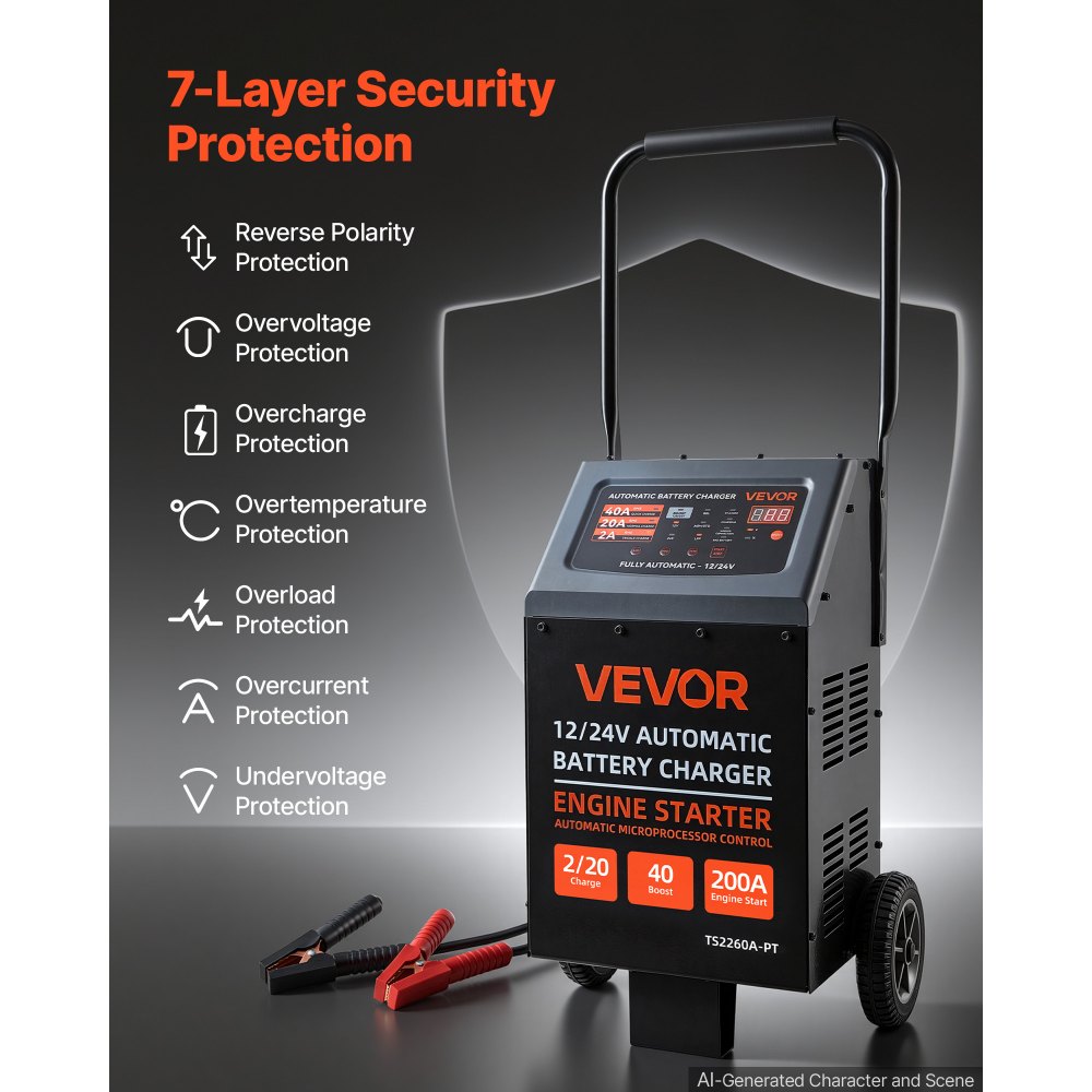 VEVOR Cargador de Baterías para Coche, 12/24 V 200/100 A, Cargador Móvil, Carga Automática de 9 Etapas, para Baterías de Plomo-ácido y Litio, para Automóviles, SUV, Vehículos Ligeros y Furgonetas