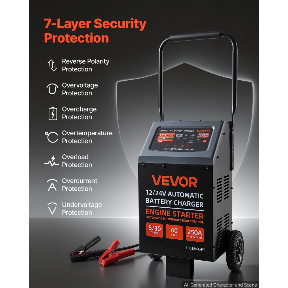 VEVOR Cargador de Baterías para Coche, 12/24 V 250/125 A, Cargador Móvil, Carga Automática de 9 Etapas, para Baterías de Plomo-ácido y Litio, para Automóviles, SUV, Vehículos Ligeros, Furgonetas
