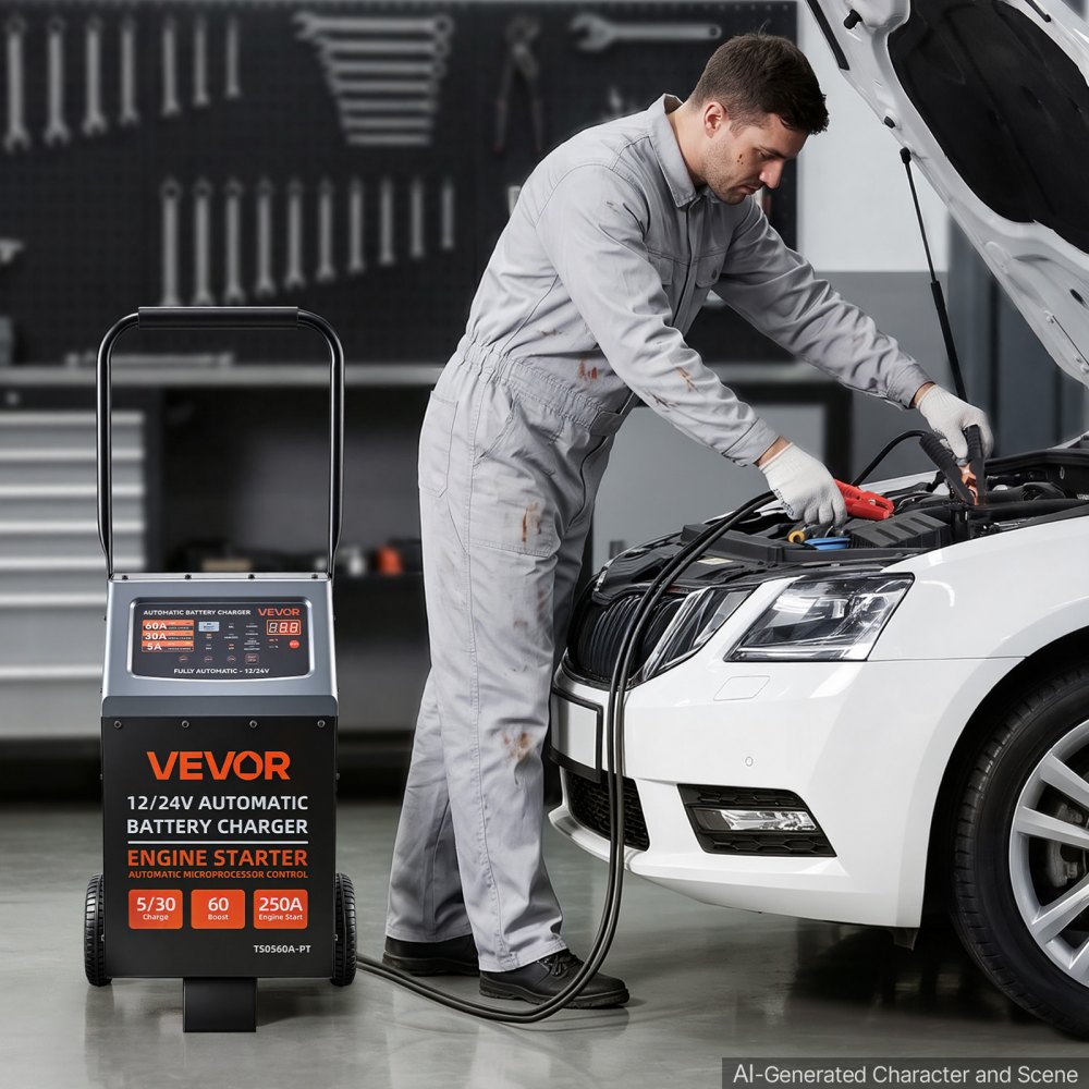 VEVOR Cargador de Baterías para Coche, 12/24 V 250/125 A, Cargador Móvil, Carga Automática de 9 Etapas, para Baterías de Plomo-ácido y Litio, para Automóviles, SUV, Vehículos Ligeros, Furgonetas