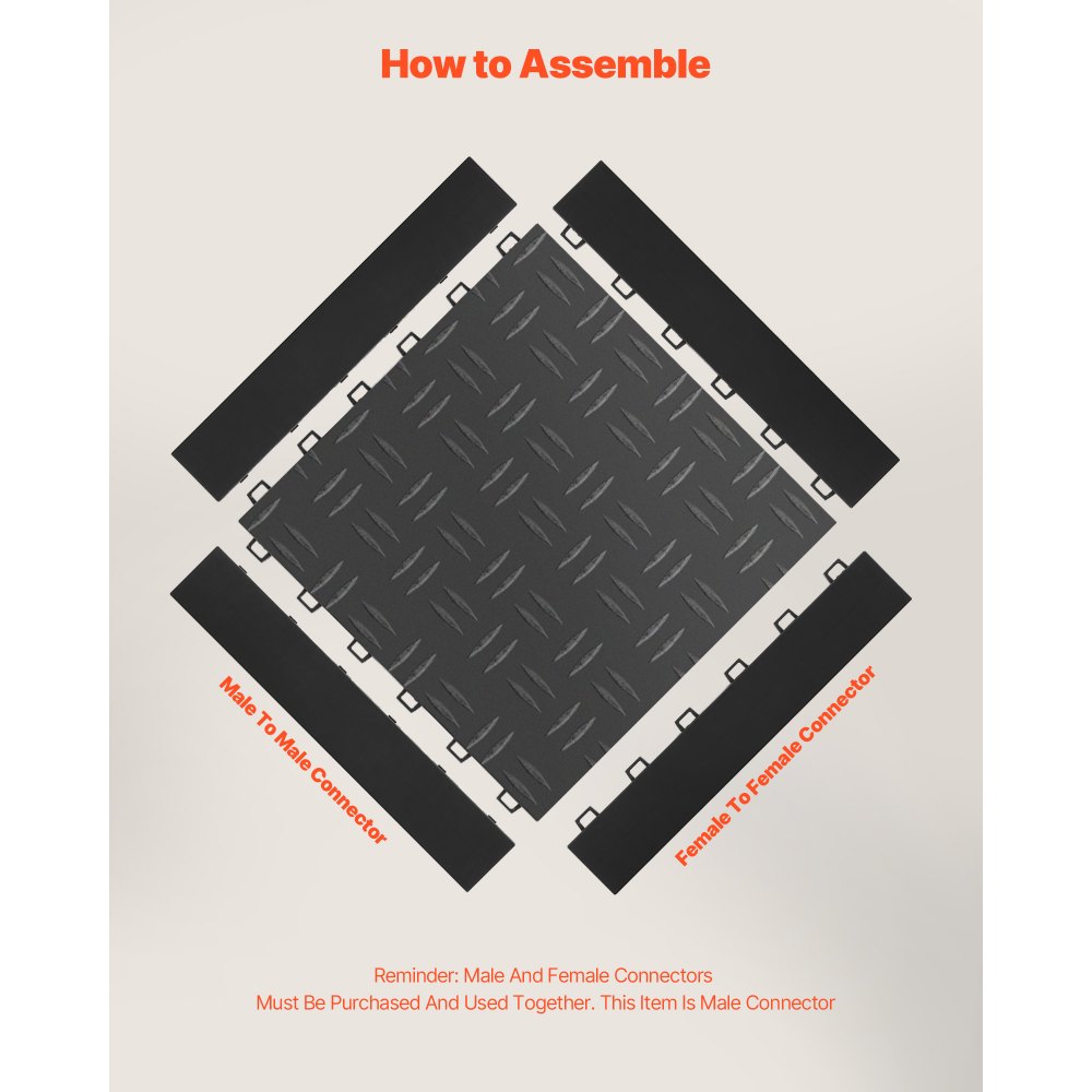 VEVOR Kit de Bordes Macho para Baldosas de Garaje, 15 Piezas, Modulares y Entrelazados, PP, Antideslizantes, Solo Compatibles con Baldosas de Garaje Mejoradas, 6 Cerraduras VEVOR, Color Negro