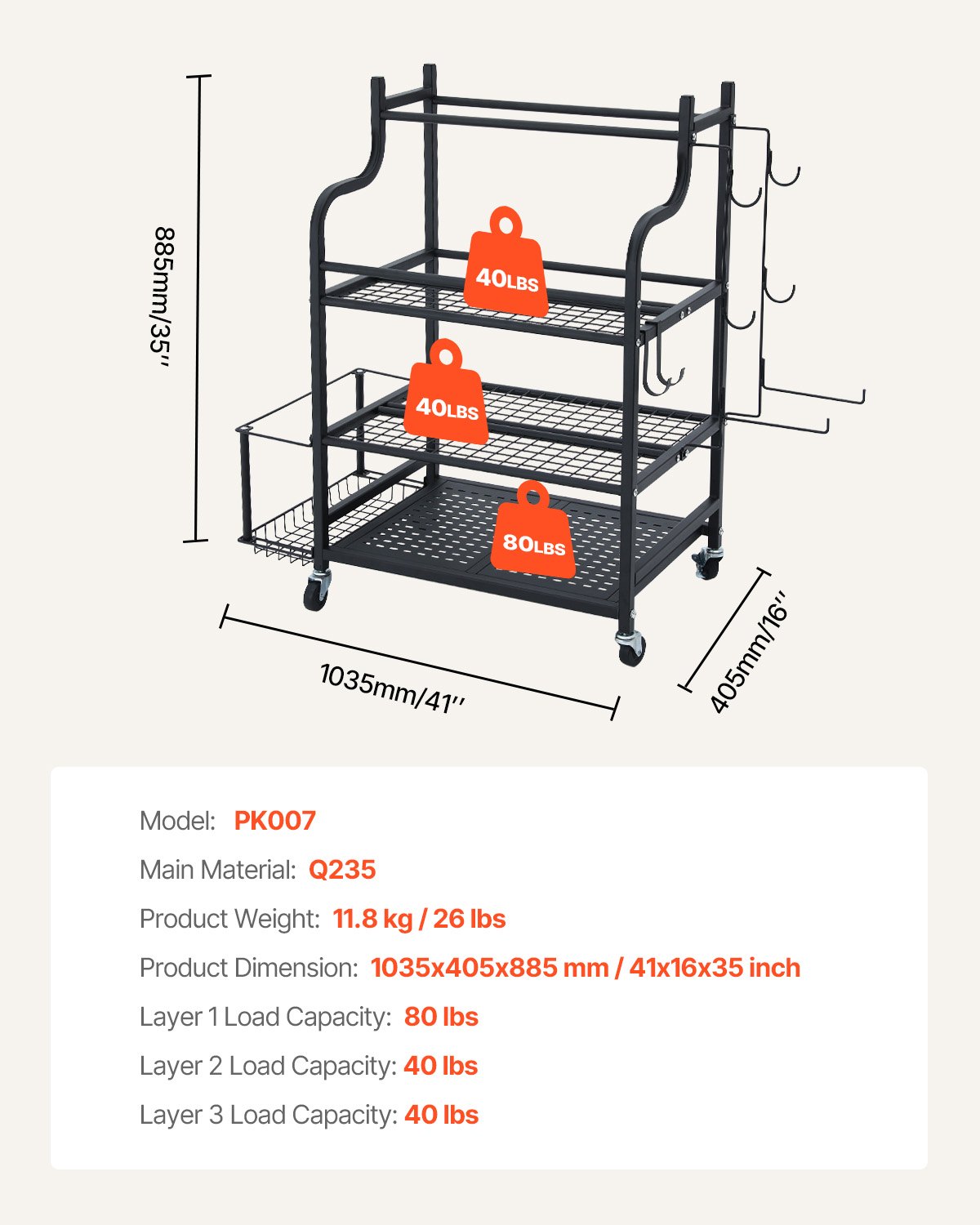 VEVOR Estante de Almacenamiento para Esterilla yoga, Acero con Acabado en Polvo con Ganchos y Ruedas, para Mancuernas, Pesas Rusas, Rodillos Espuma y Correas Yoga, 1035 x 405 x 885 mm, 3 Capas