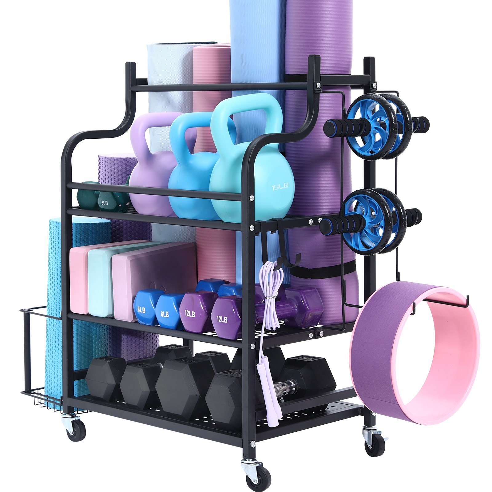 VEVOR Home Gymnastics Storage Rack, Storage Stand, Yoga Mat Holder (3 Layers), Yoga Mat Weightlifting Rack with Wheels & Hooks, Barbell Weightlifting Rack for Home Exercise Fitness Equipment