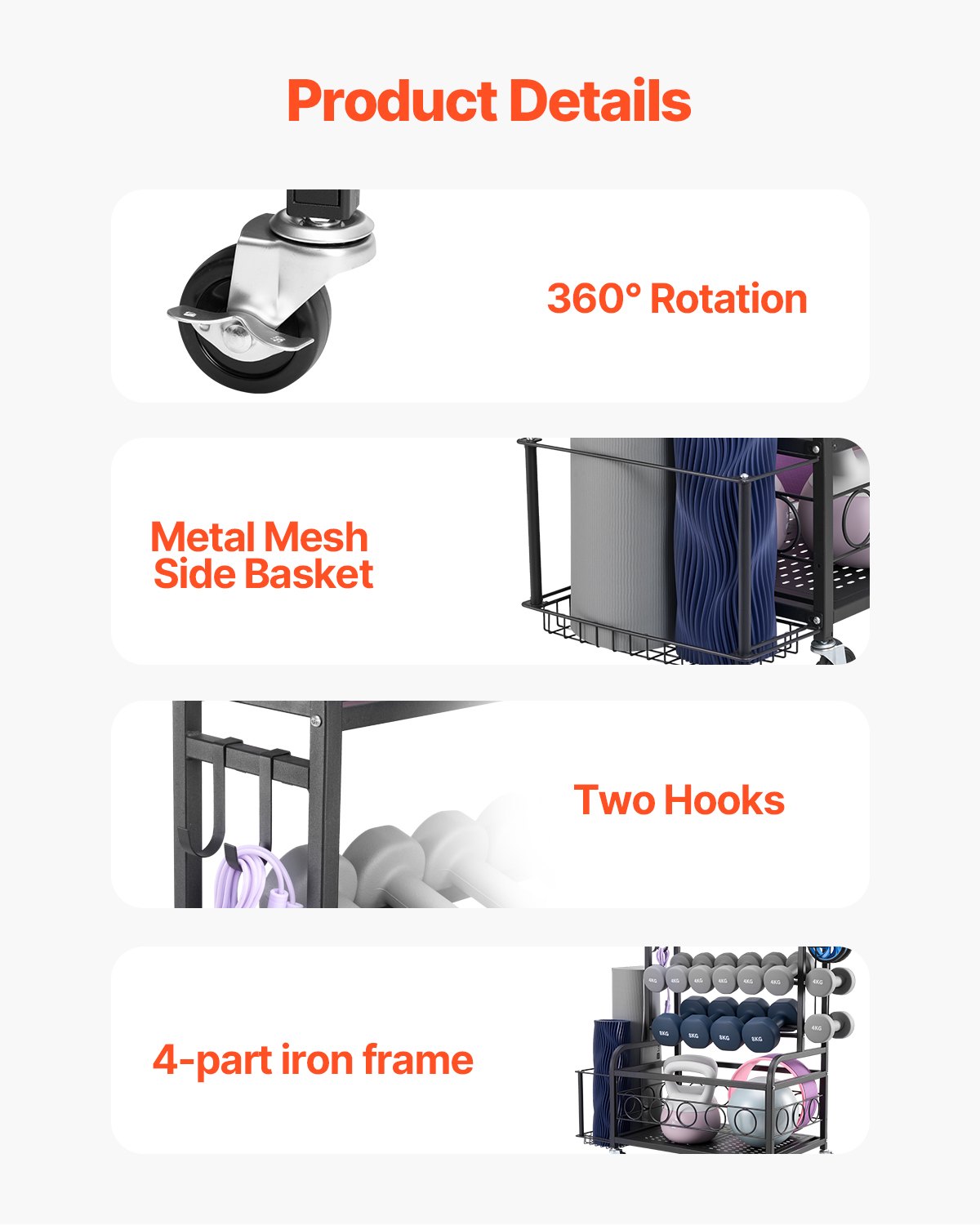 VEVOR Estante de Almacenamiento para Esterilla de Yoga, con Acabado en Polvo con Ganchos y Ruedas, para Mancuernas, Pesas Rusas, Rodillos de Espuma y Correas de Yoga, 870 x 405 x 1010 mm, Negro