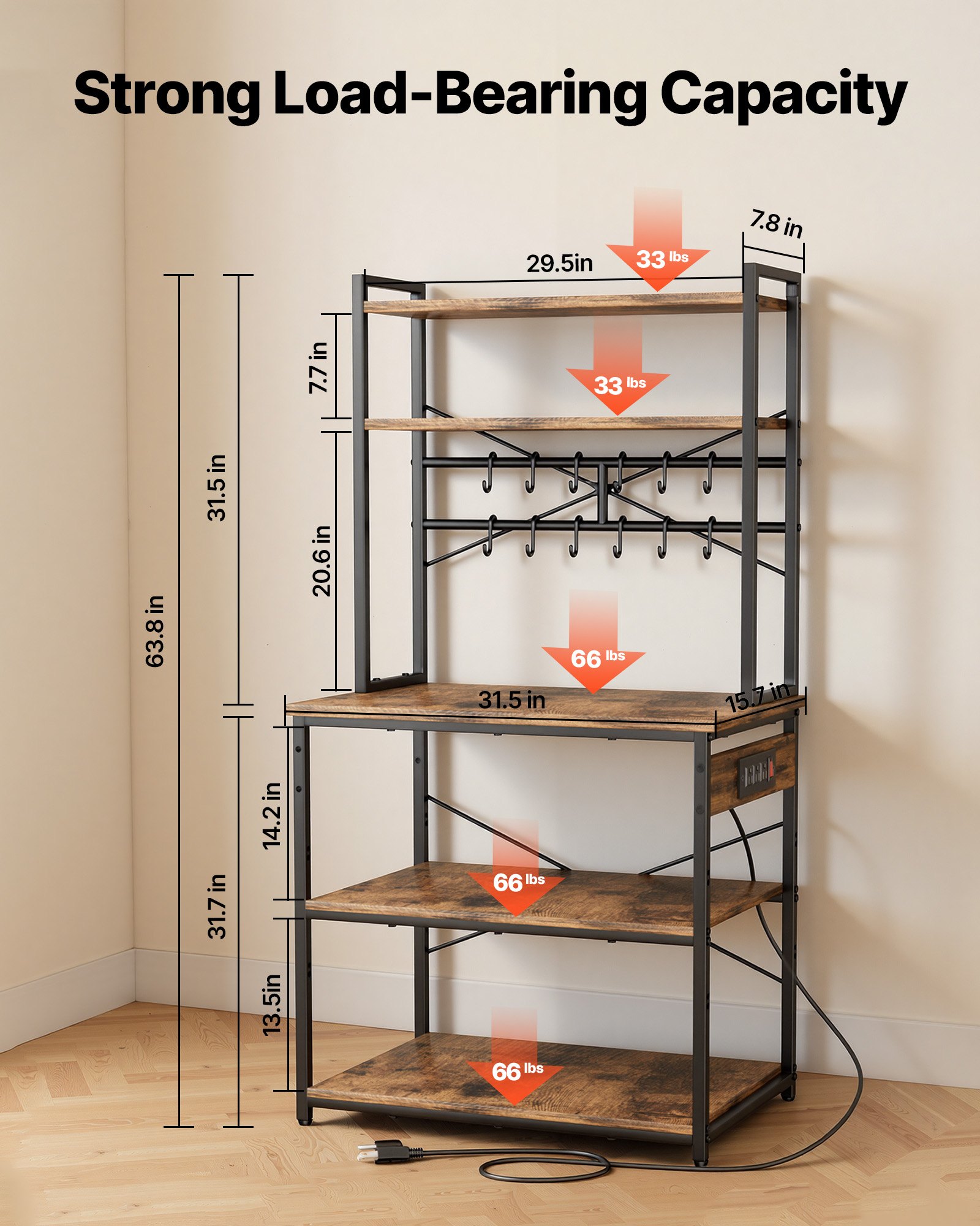 VEVOR Estante para Panaderos de Cocina con Toma de Corriente de 5 Niveles, Estantería de Almacenamiento de Servicios 80 x 40 x 161,8 cm con 12 Ganchos, con Soporte para Horno Microondas, Platos