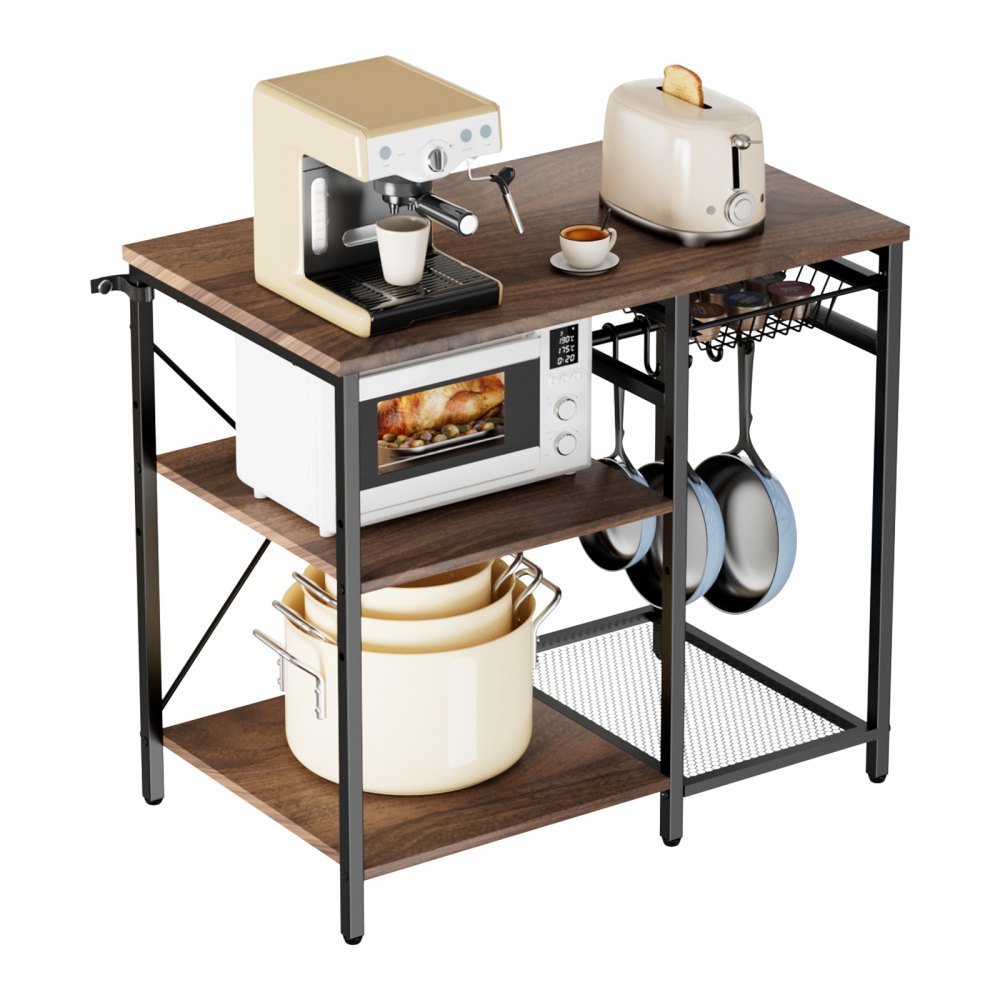 VEVOR Estante para Panaderos de Cocina de 3 Niveles, Estantería de Almacenamiento de Servicios 90 x 40 x 90 cm con 5 Ganchos, Carga del Superior de 30 kg, Estante con Soporte para Horno Microondas