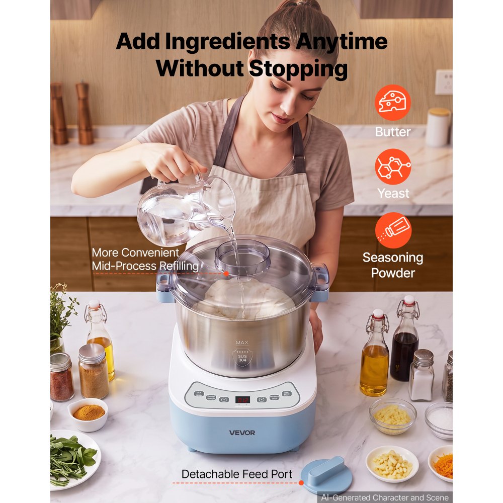 VEVOR Dough Mixer 6.5L Electric Dough Food Maker with Ferment Function, for Pizza, Pasta, and Sourdough, 304 Stainless Steel Bowl, Timer, Face-up Control Panel, Household Dough Kneading Machine