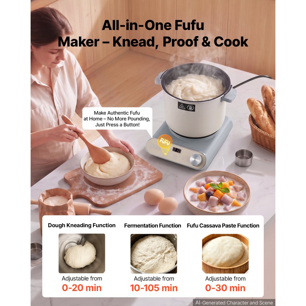 VEVOR Amasadora Eléctrica 7L para Preparar Masa con Función de Fermentación, Olla de Aluminio Antiadherente y Cuerpo de PP, con Temporizador, Panel de Control Visible, para Pizza, Pasta, Fufu, Panes