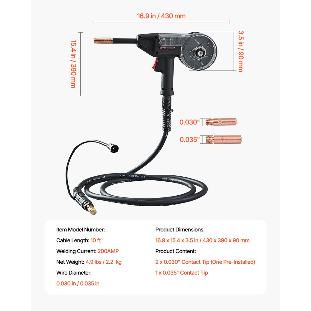 VEVOR 200-A welding coil gun with 3 m cable, compatible with W Weldpro MlG200GDsv200 and MIG155GD welding machines, suitable for 0.0762/0.0899cm flux-cored/solid/aluminum welding wires