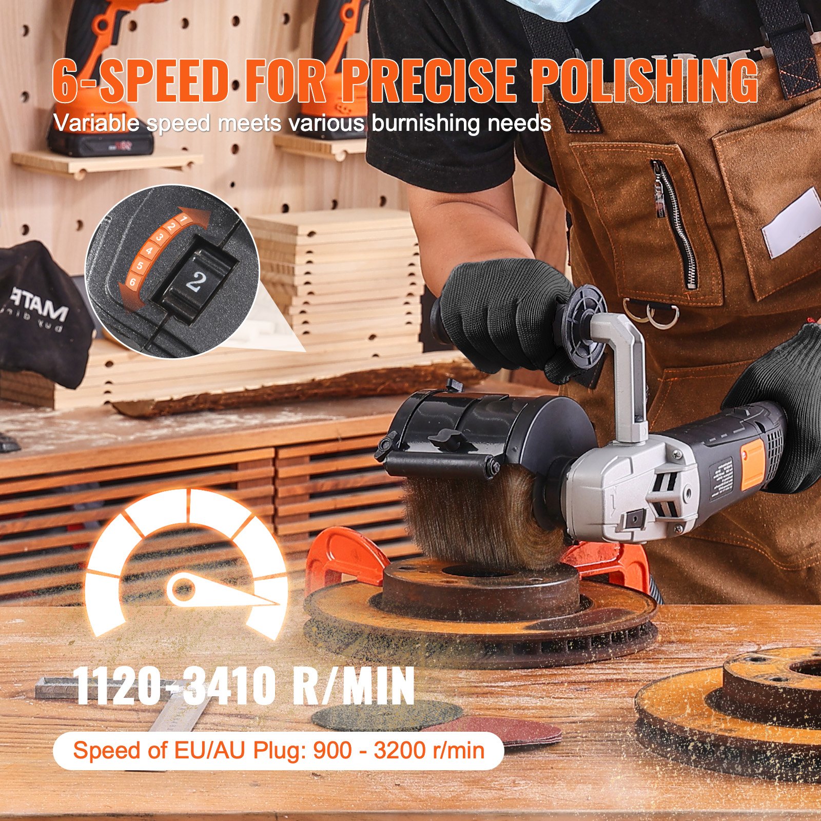 Pulidora de superficies VEVOR, herramienta de acondicionamiento de superficies de 6 velocidades variables de 1300 W, pulidora de metales eléctrica de mano con rueda de pulido de alambre de acero para acero inoxidable y madera